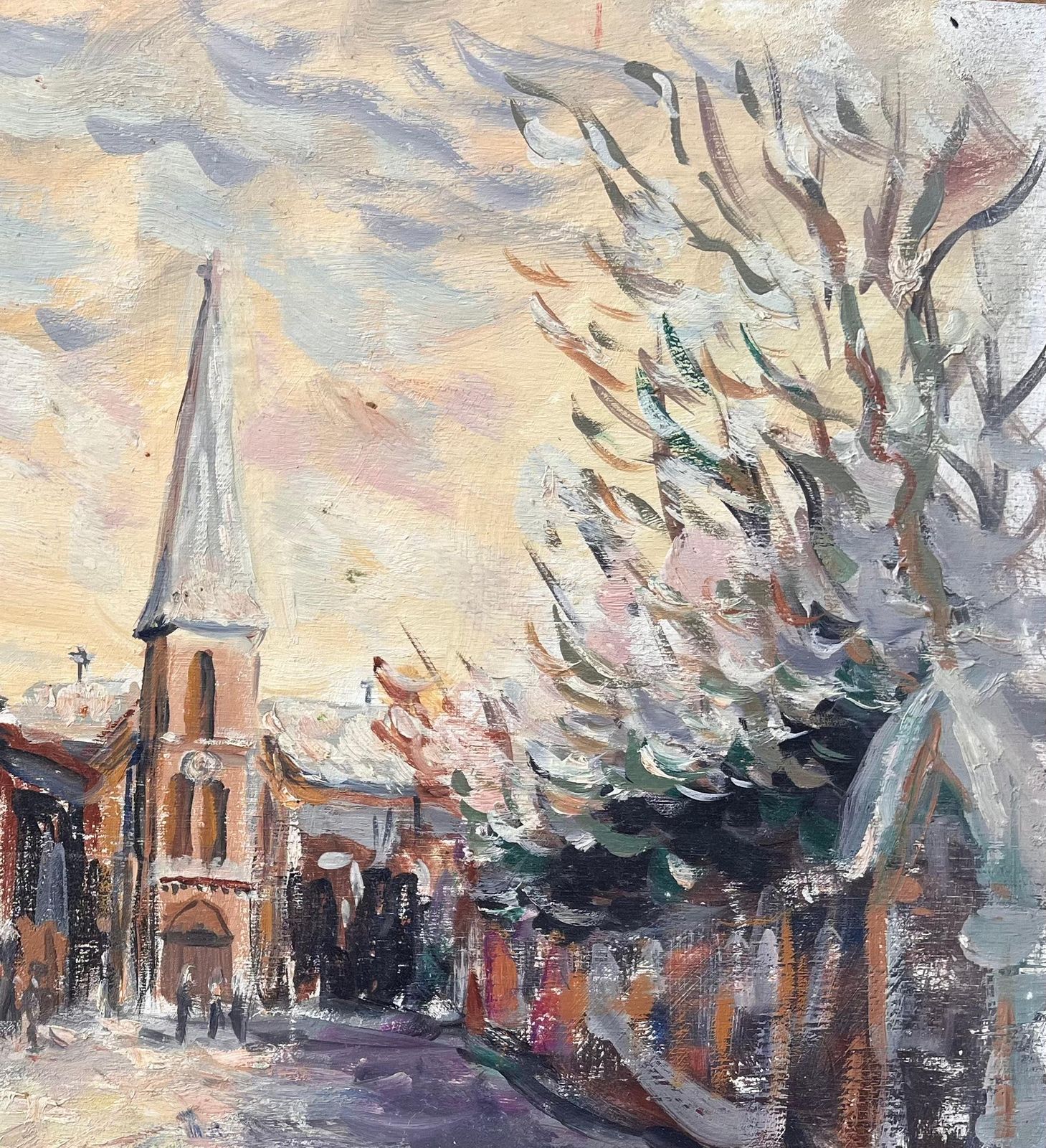 Fanch Lel French Impressionist Street Scene With Church And Snow Covered Trees At Dusk photo for sale