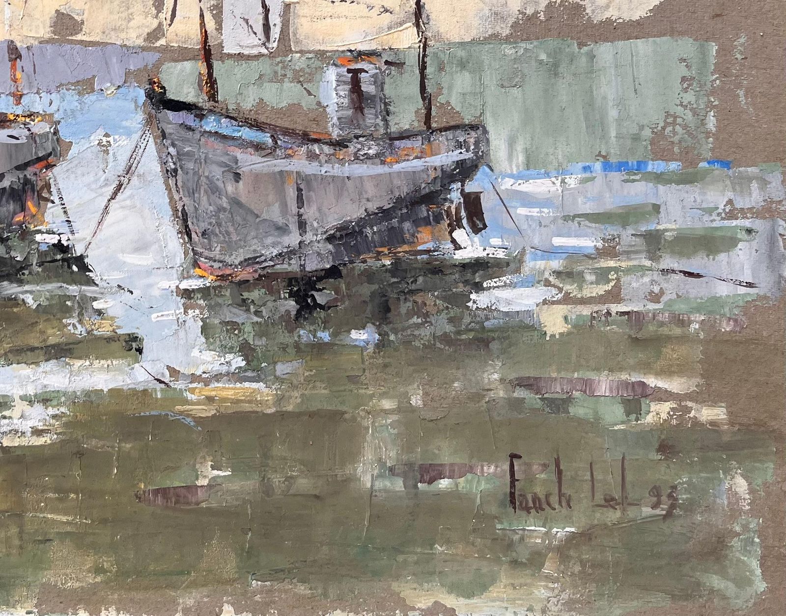 Fanch Lel Textured Coastal Oil Painting Of Fishing Boats And Lighthouse With Dramatic Sky 1993 photo Art