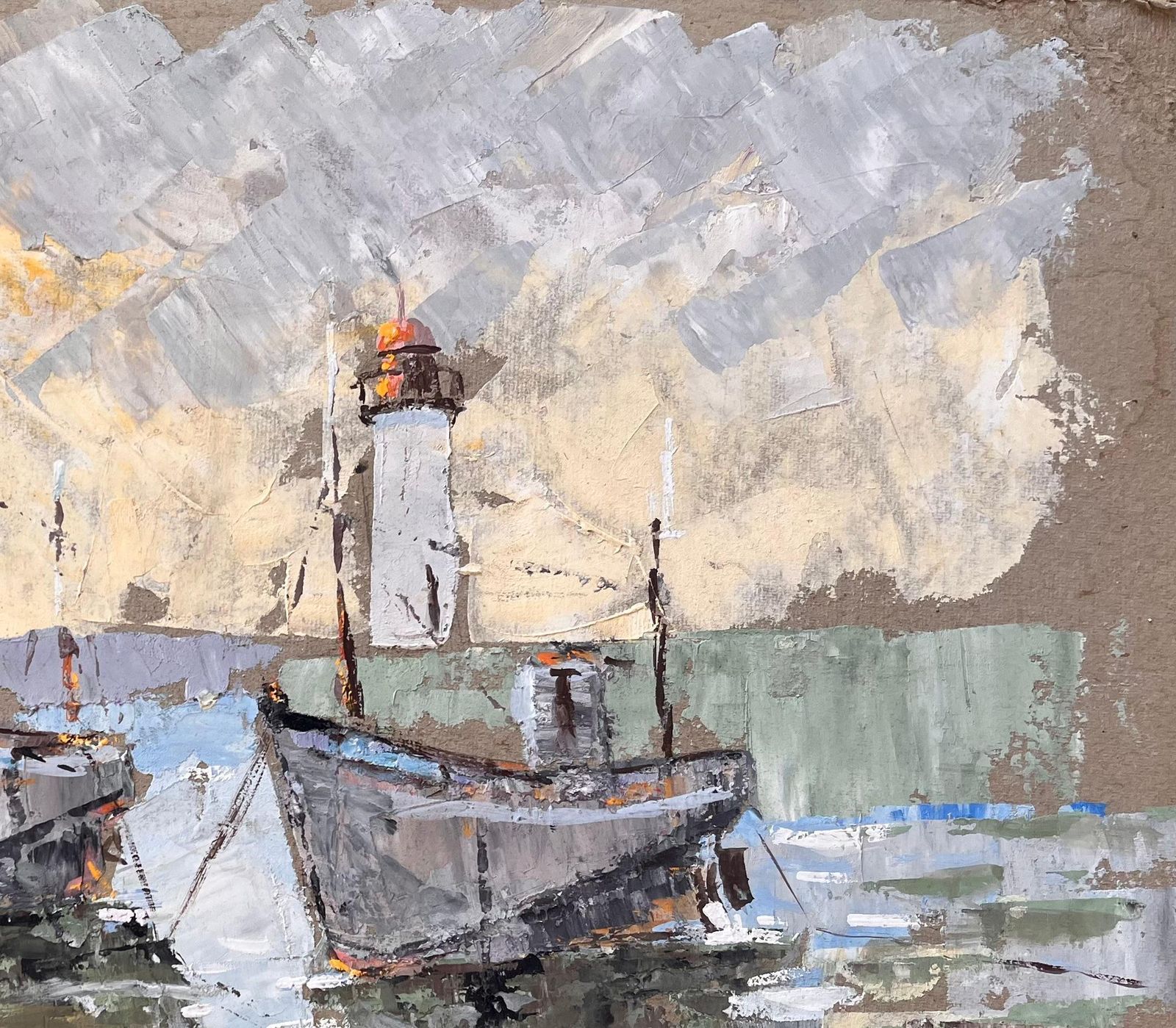 Fanch Lel Textured Coastal Oil Painting Of Fishing Boats And Lighthouse With Dramatic Sky 1993 photo vinterior
