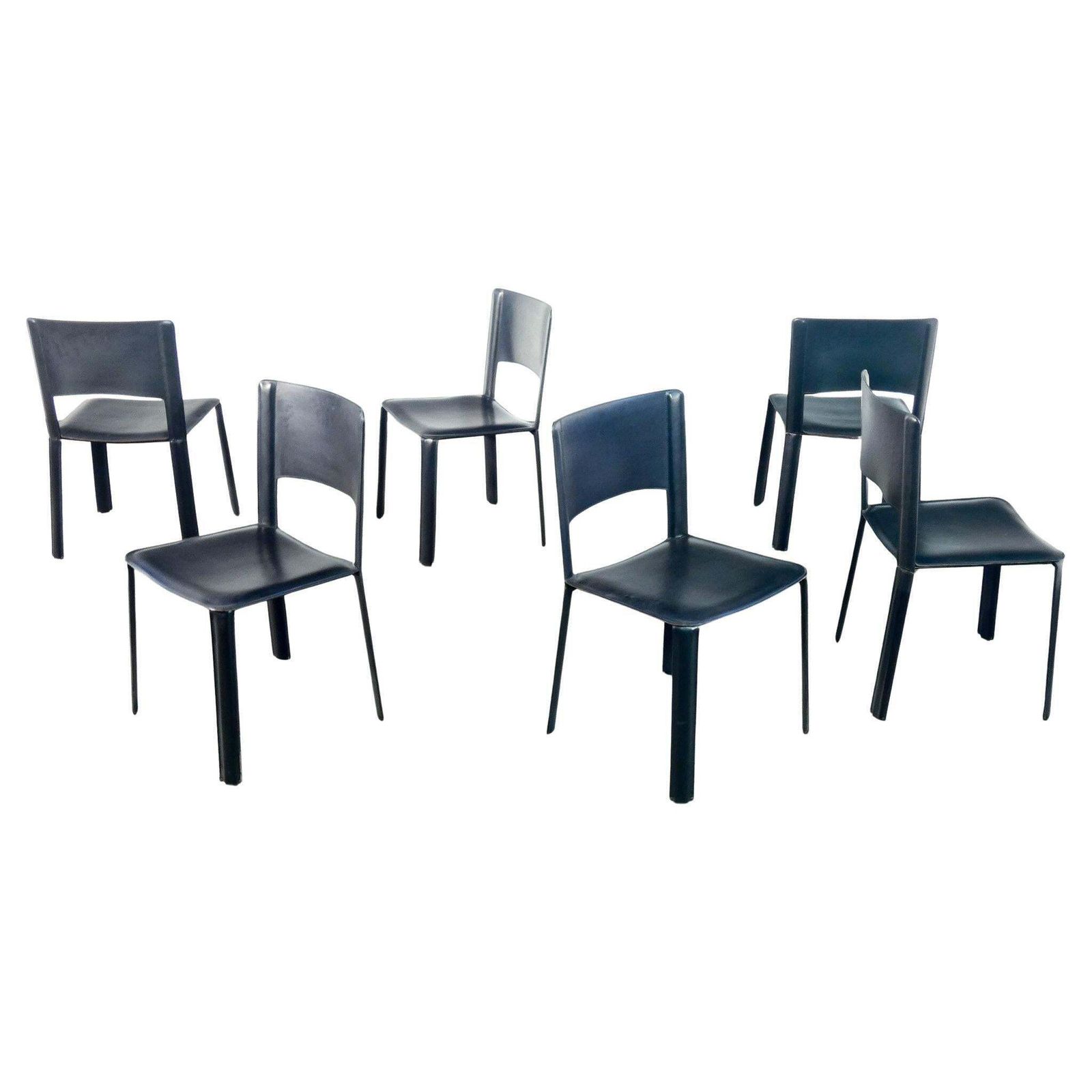 Set Of Six Chairs, Designed By Willy Rizzo For Cidue, In Black Leather. Italy, 1970s