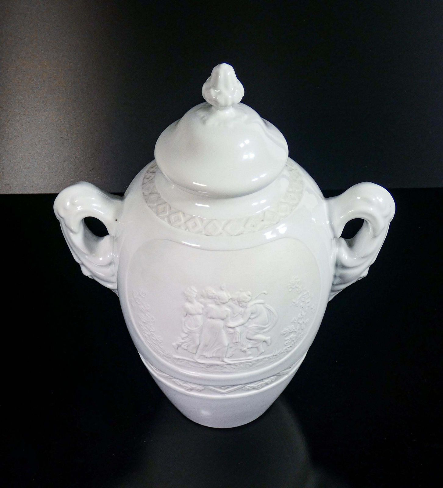Limoges Vase Made Of Biscuit Ceramic And Enamel, With Bas Reliefs In Classical Style photo for sale