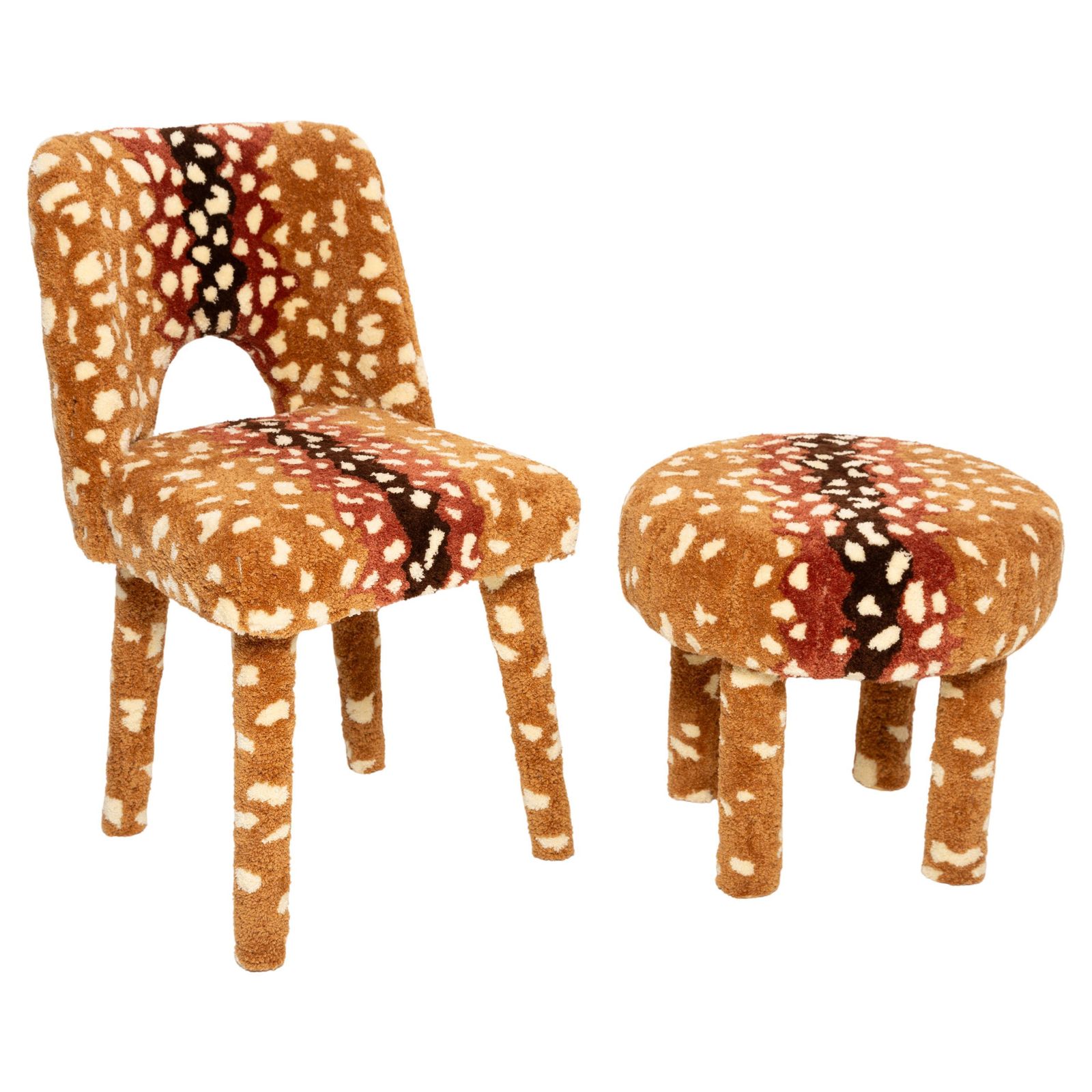 Set Of Mid Century Hand Tufting Roe Deer Bambi Wool Chair And Stool, Europe
