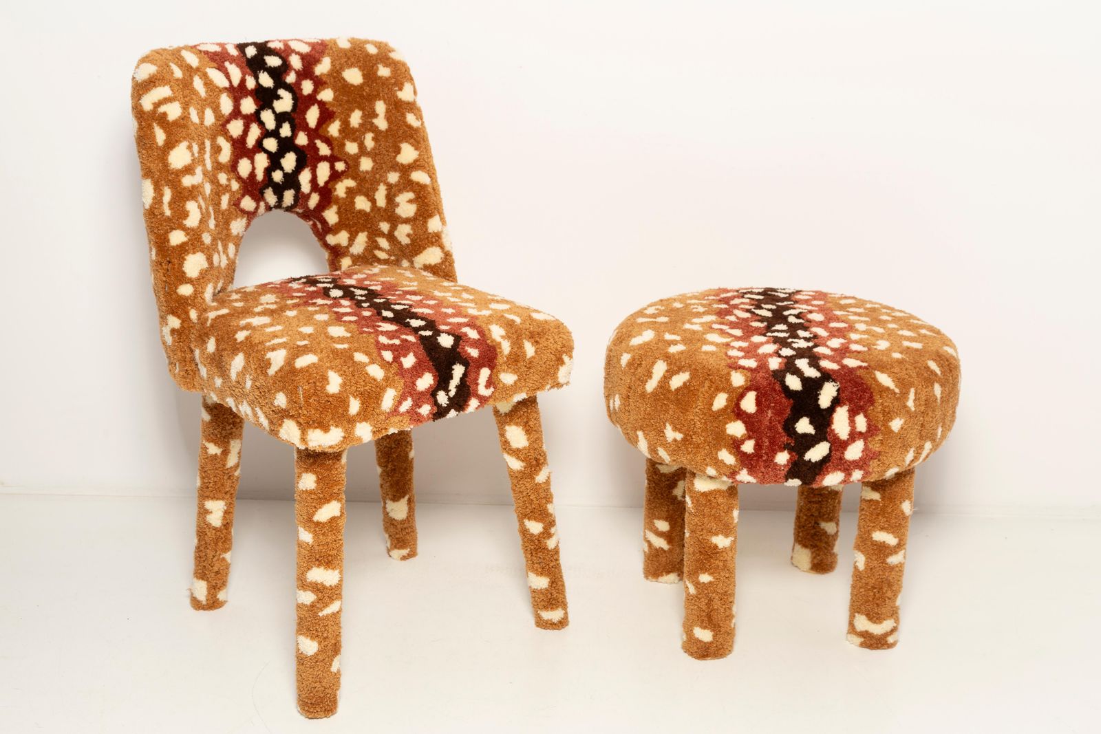 Set Of Mid Century Hand Tufting Roe Deer Bambi Wool Chair And Stool, Europe photo furniture