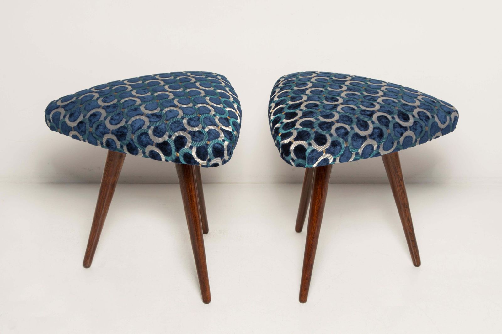 Set Of Two Mid Century Scarabeo Blue Velvet Dedar Triangle Stools, Europe, 1960s photo Furniture