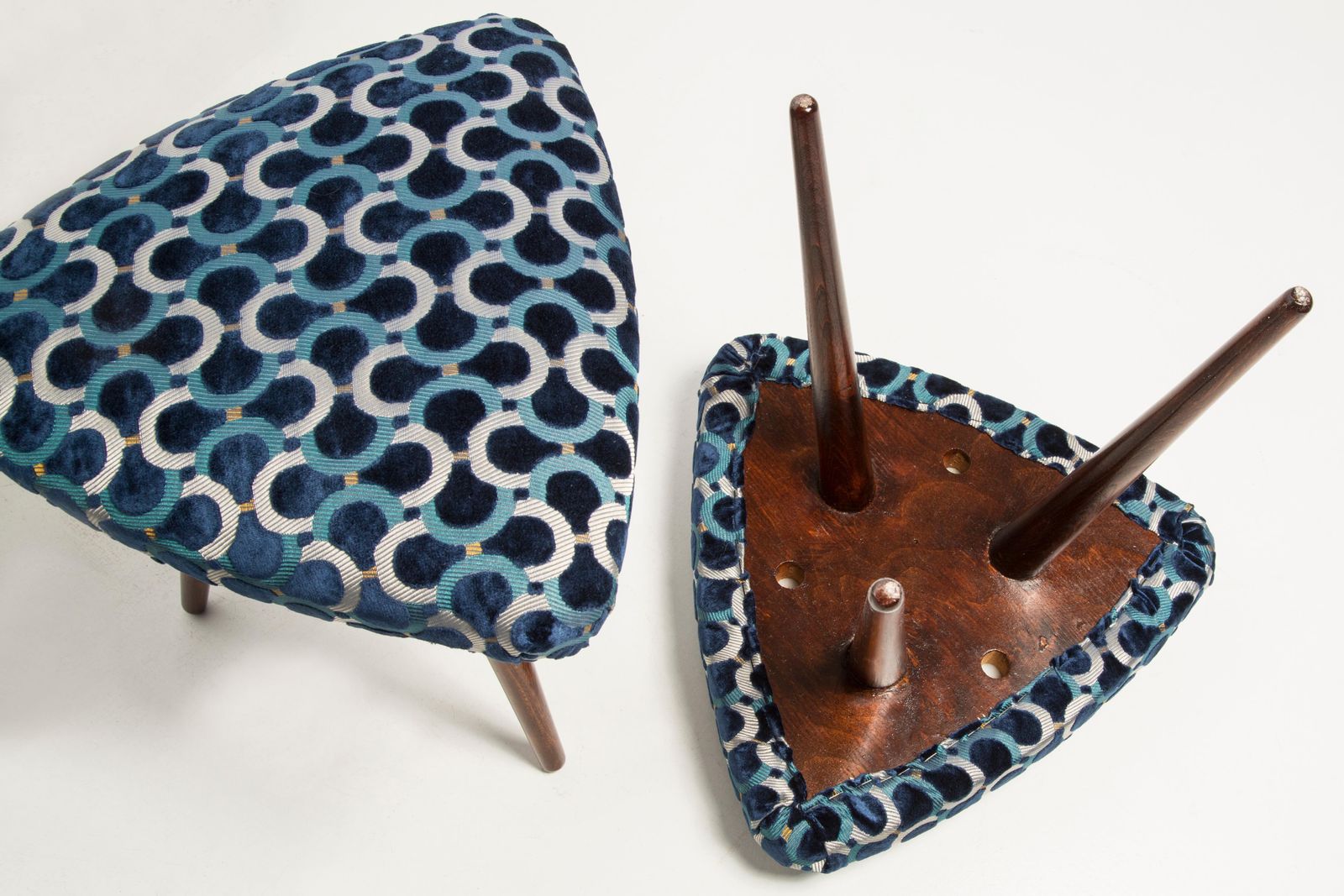 Set Of Two Mid Century Scarabeo Blue Velvet Dedar Triangle Stools, Europe, 1960s photo vintage