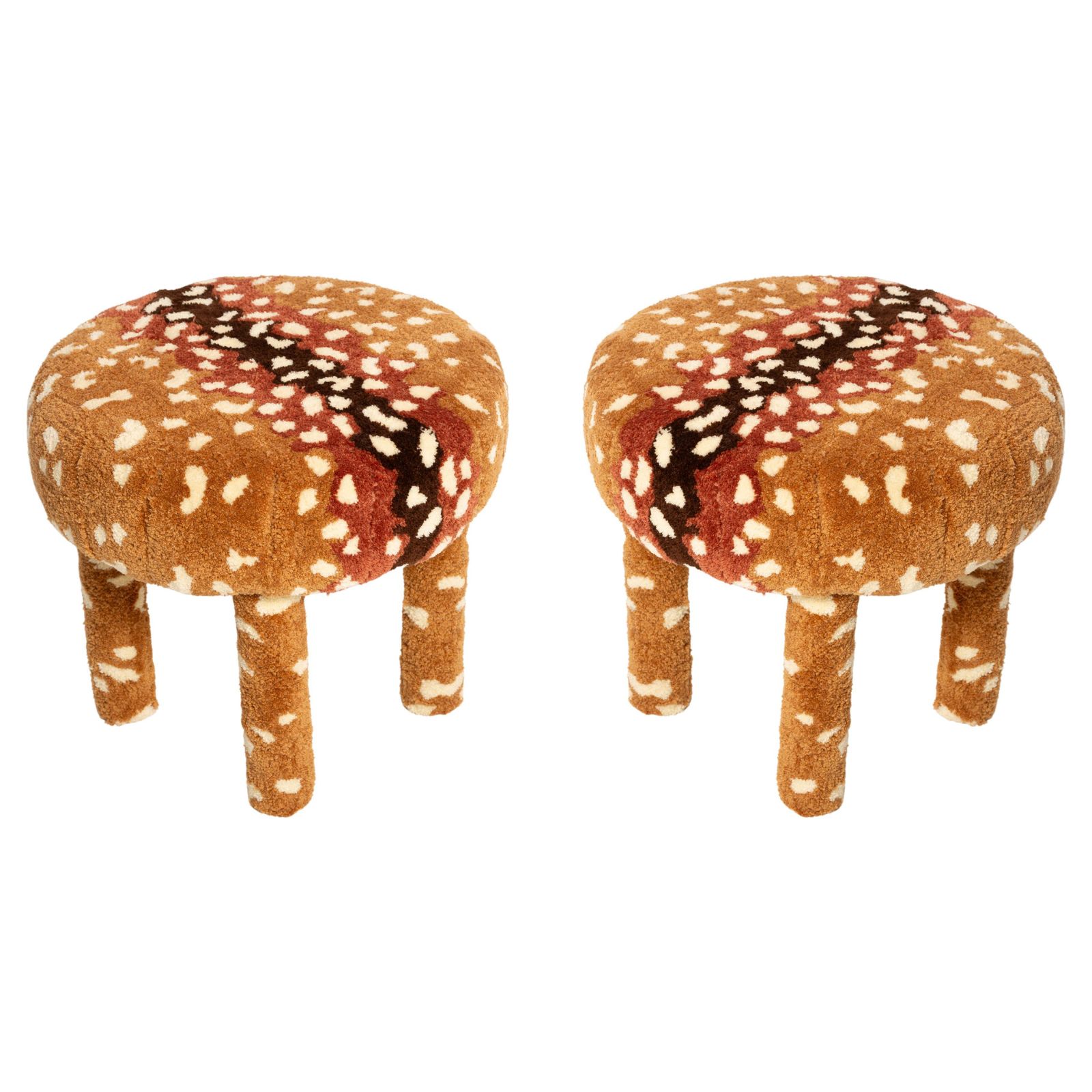 Set Of Two Mid Century Hand Tufting Bambi Roe Deer Wool Stools, Europe, 1960s
