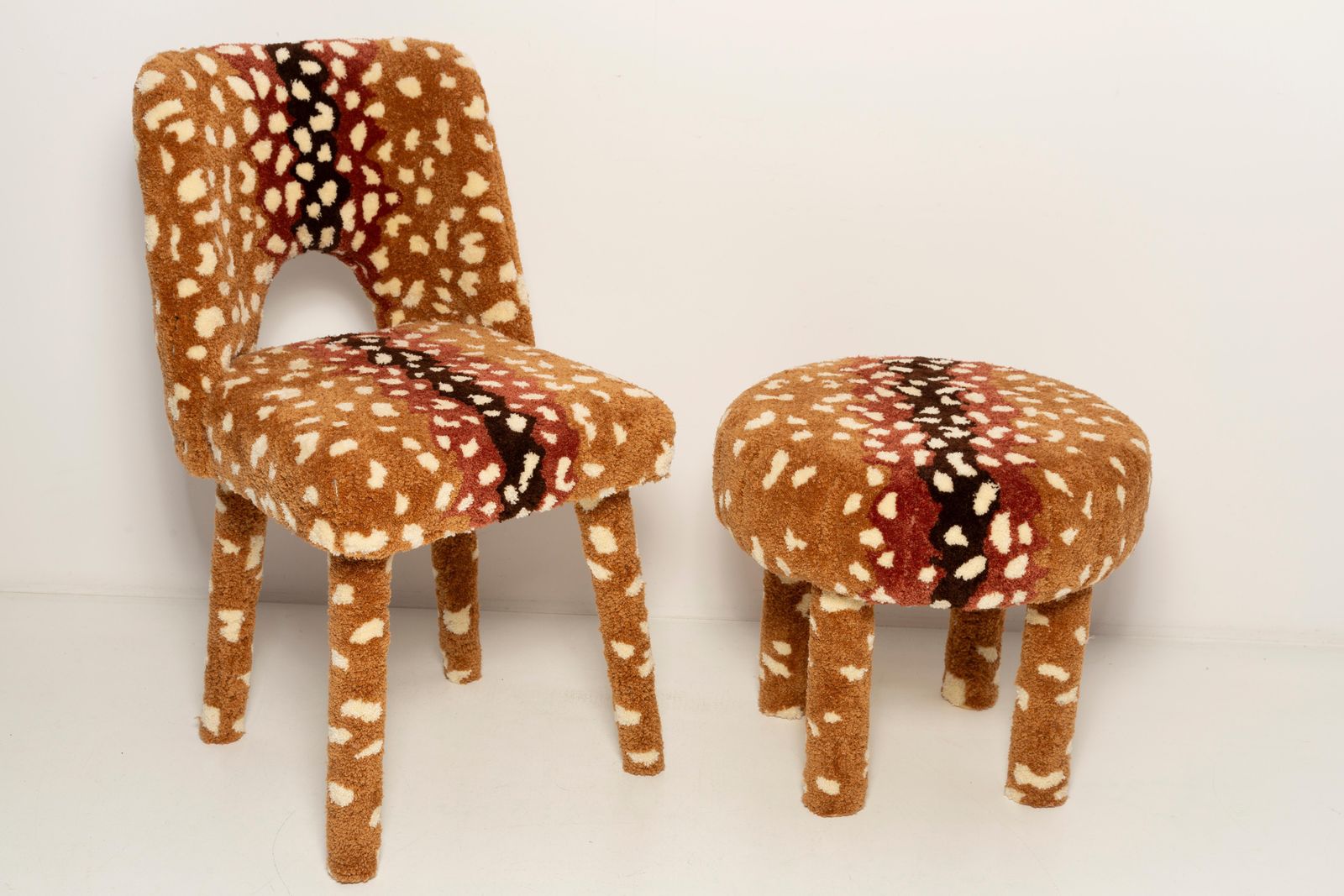 photo for sale Set Of Two Mid Century Hand Tufting Bambi Roe Deer Wool Stools, Europe, 1960s