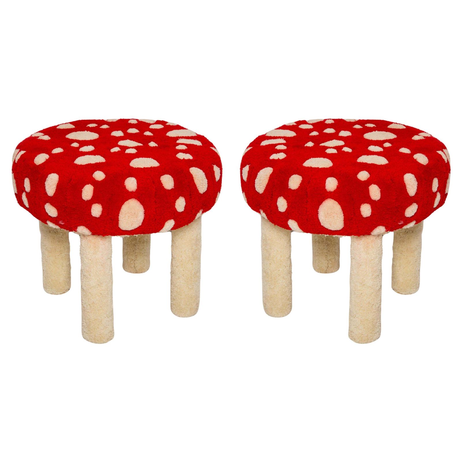Set Of Two Mid Century Hand Tufting Mushroom Wool Stools, Europe, 1960s