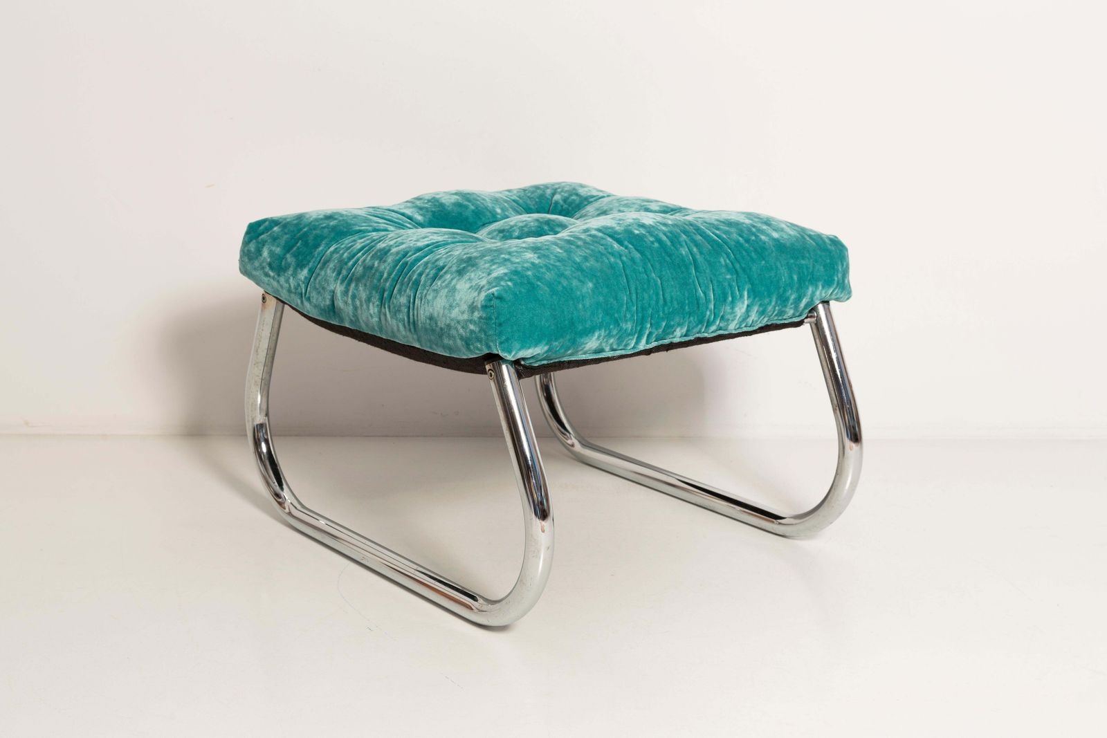 Mid Century Bench Stool, Turquoise Blue Dedar Plushy Velvet, Bauhaus, 1970s photo Furniture