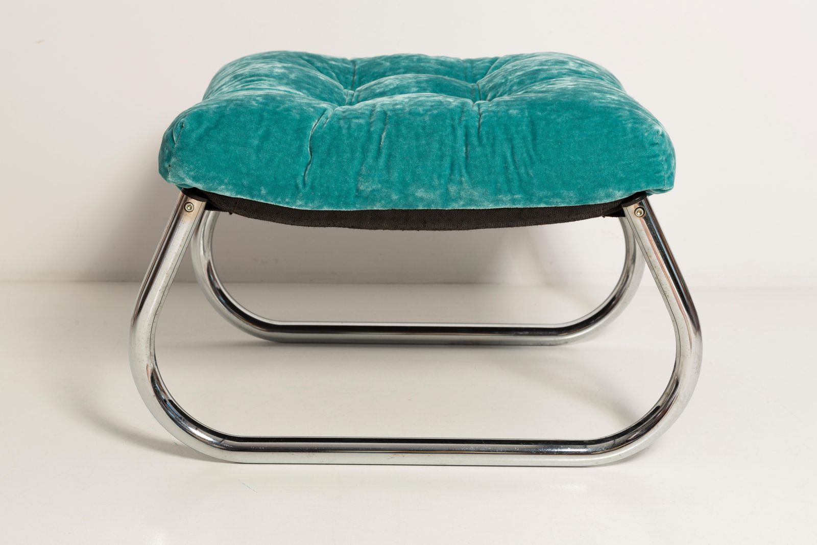 Mid Century Bench Stool, Turquoise Blue Dedar Plushy Velvet, Bauhaus, 1970s photo 1033.0