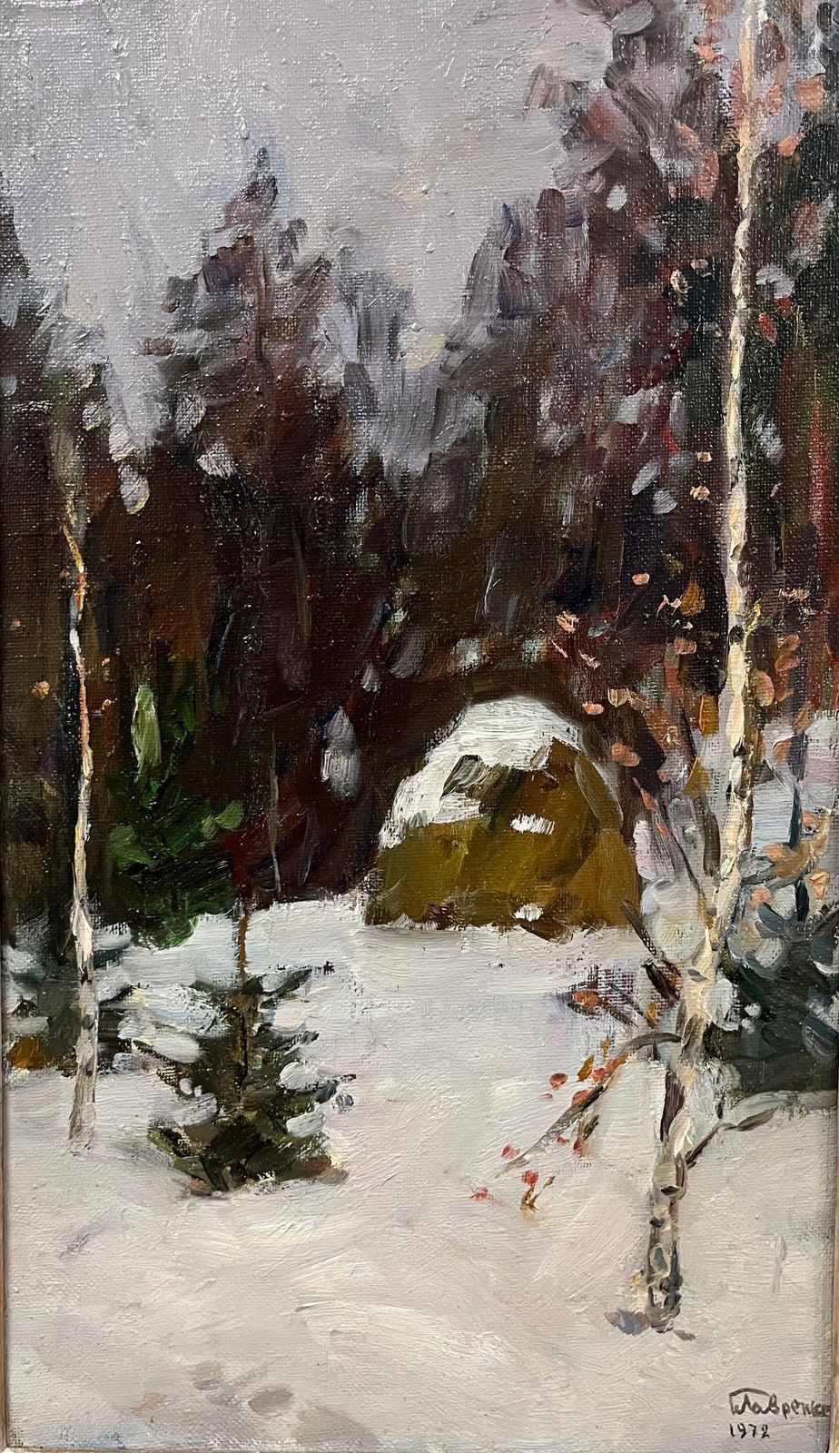 Boris Mikhailovich Lavrenko"Pagliaio Nel Bosco Coperto Di Neve" Olio Cm. 38 X 65 19721972 photo furniture