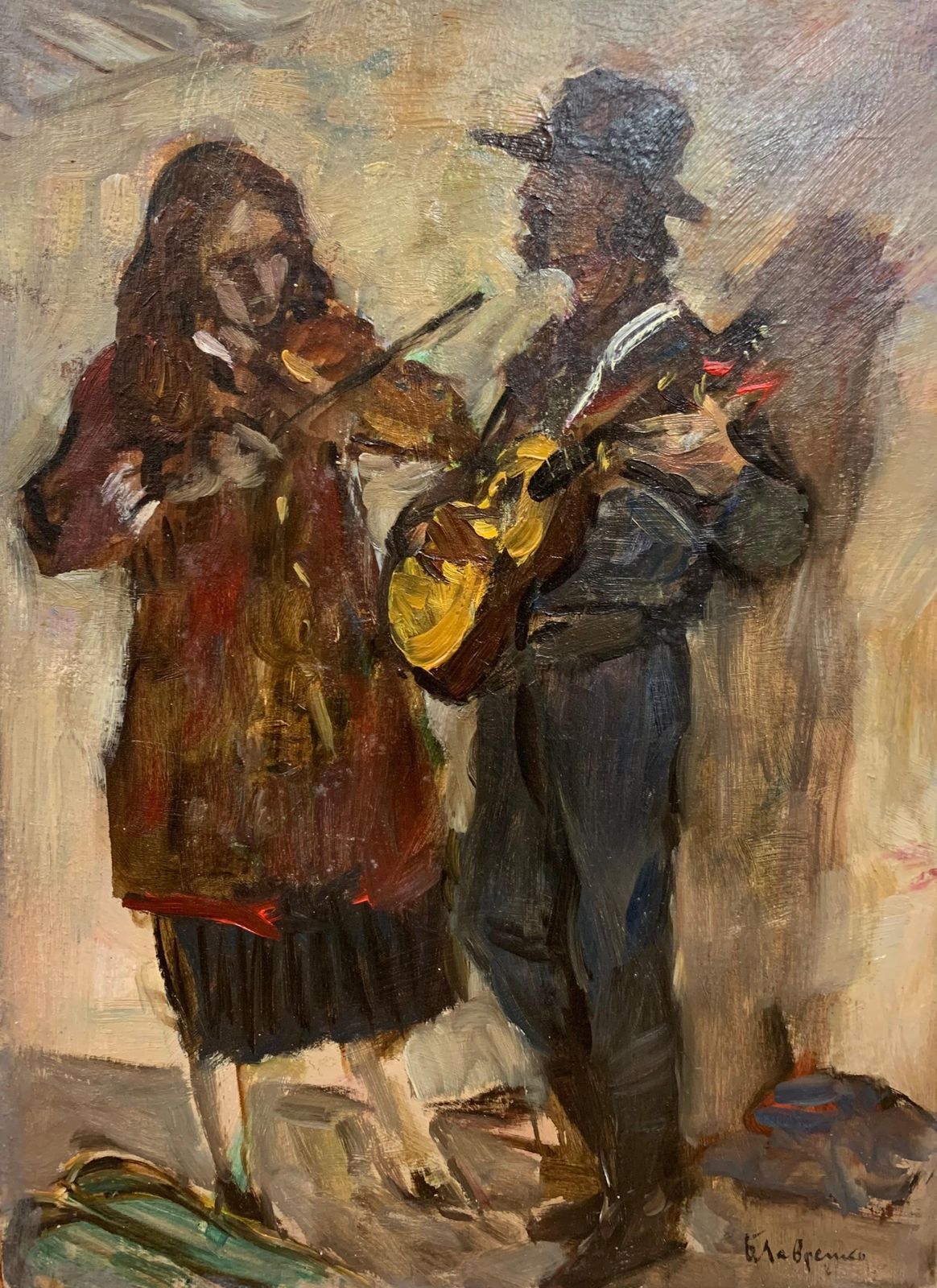 Boris Mikhailovich Lavrenko"Musicians, Guitar, Violin" Oil Cm.30 X40 19601960 photo furniture