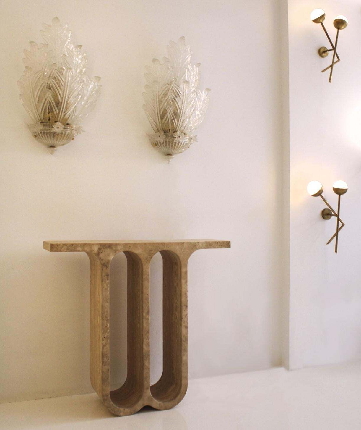 photo furniture Monolithic Ivory Travertine Arch Consoles, Italy Modern 1980, Set Of Two