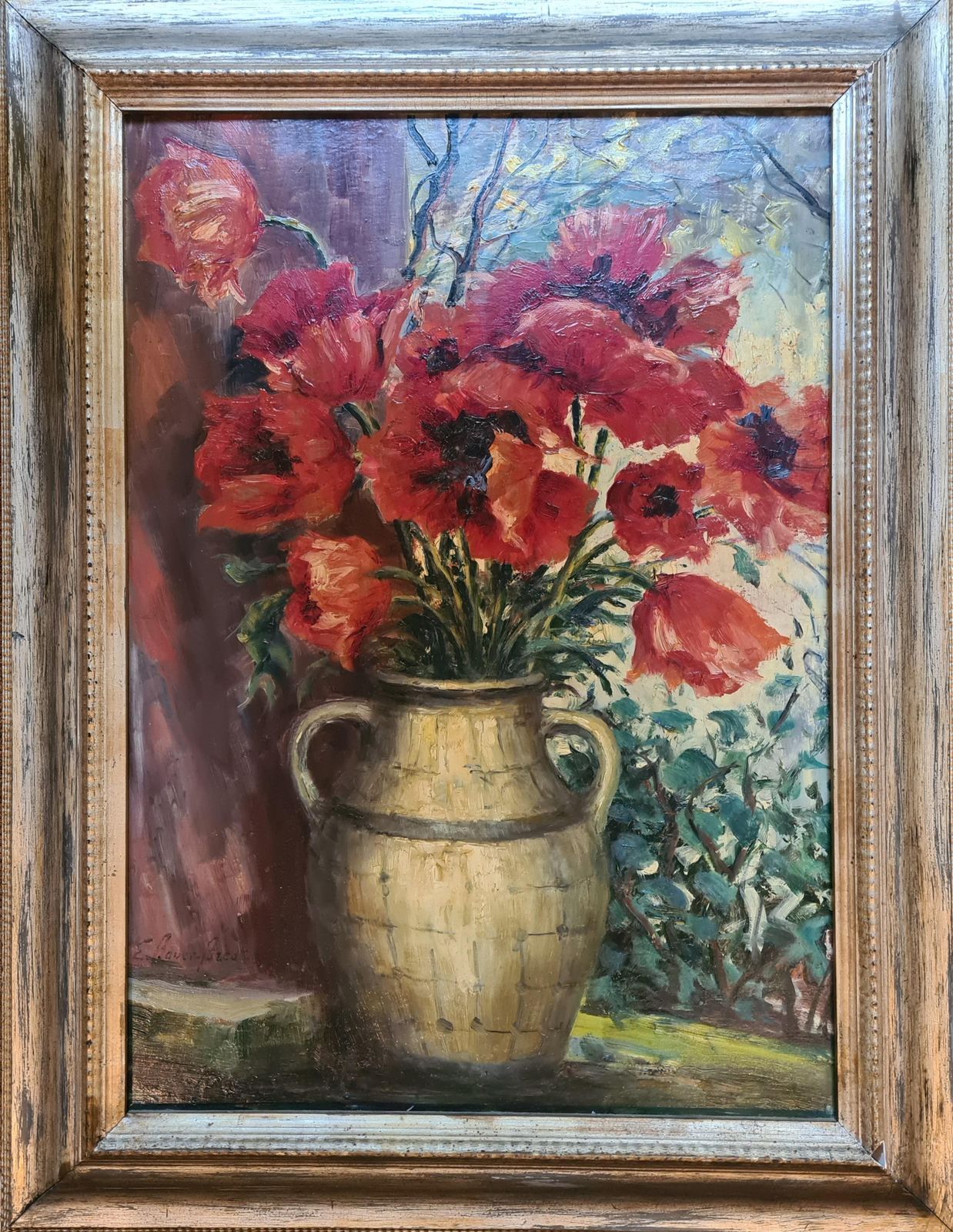 Eduard Bauer Bredtlarge Naturalist Oil On Board, Papaver Orientale, Poppies In A Vase1927