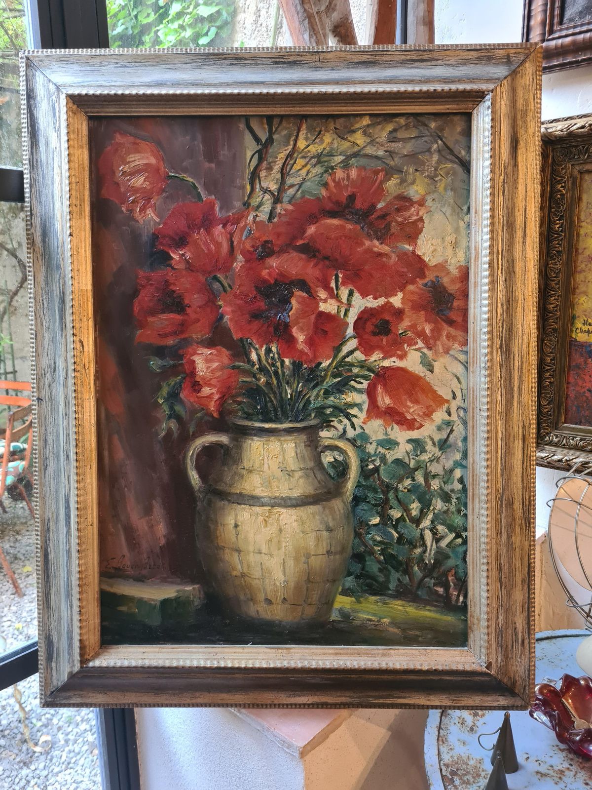 photo vintage Eduard Bauer Bredtlarge Naturalist Oil On Board, Papaver Orientale, Poppies In A Vase1927