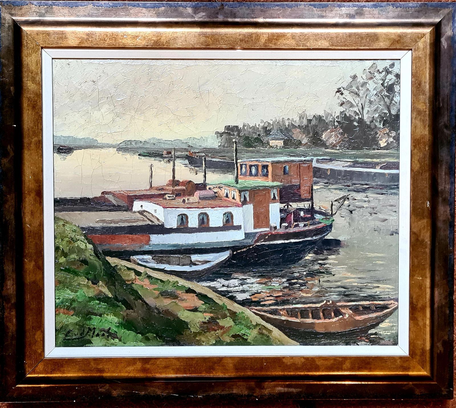 C Van Der Maaslarge Early 20th Century Dutch Oil On Canvas, The Houseboat On A Canal