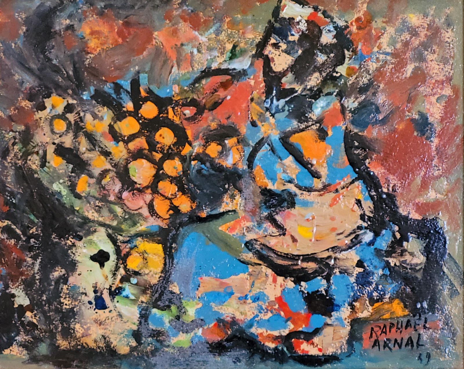 Raphaël Arnal Mid Century Abstract Expressionist Oil, 'La Vendeuse D'oranges'.1949 photo furniture