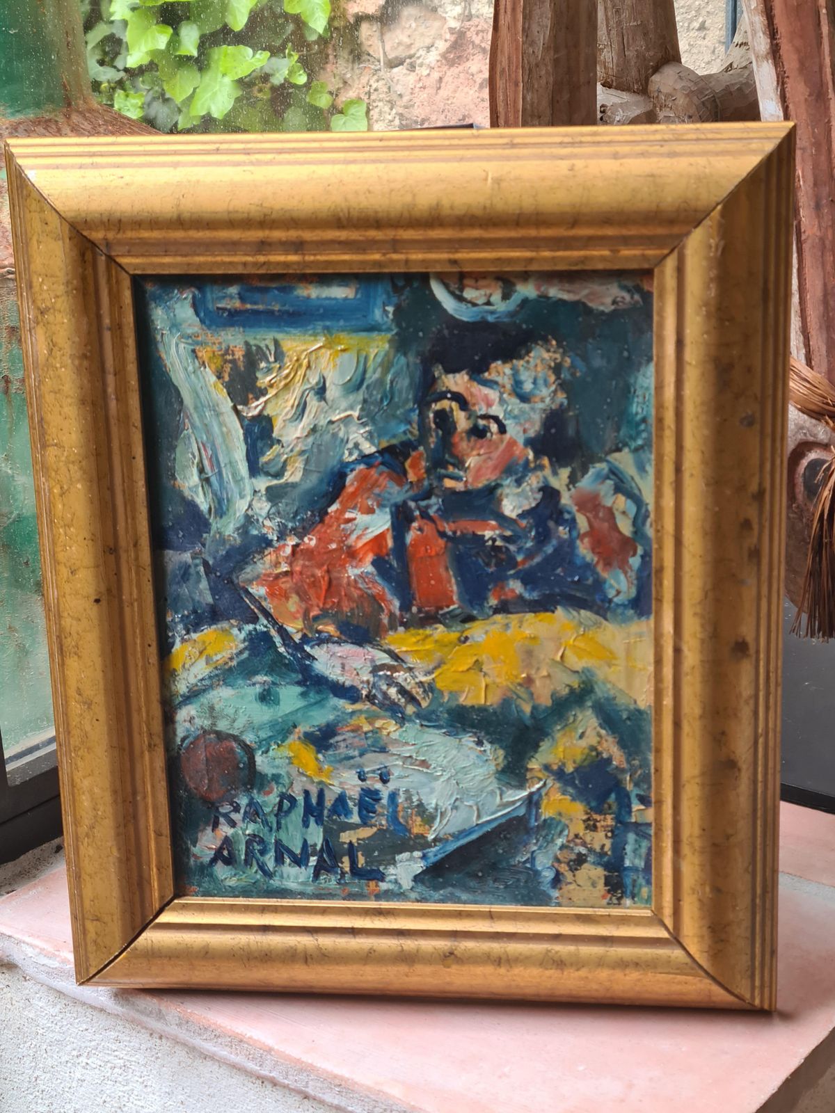 Raphaël Arnal Mid Century French Expressionist Oil, La Couseuse 1952 photo buy