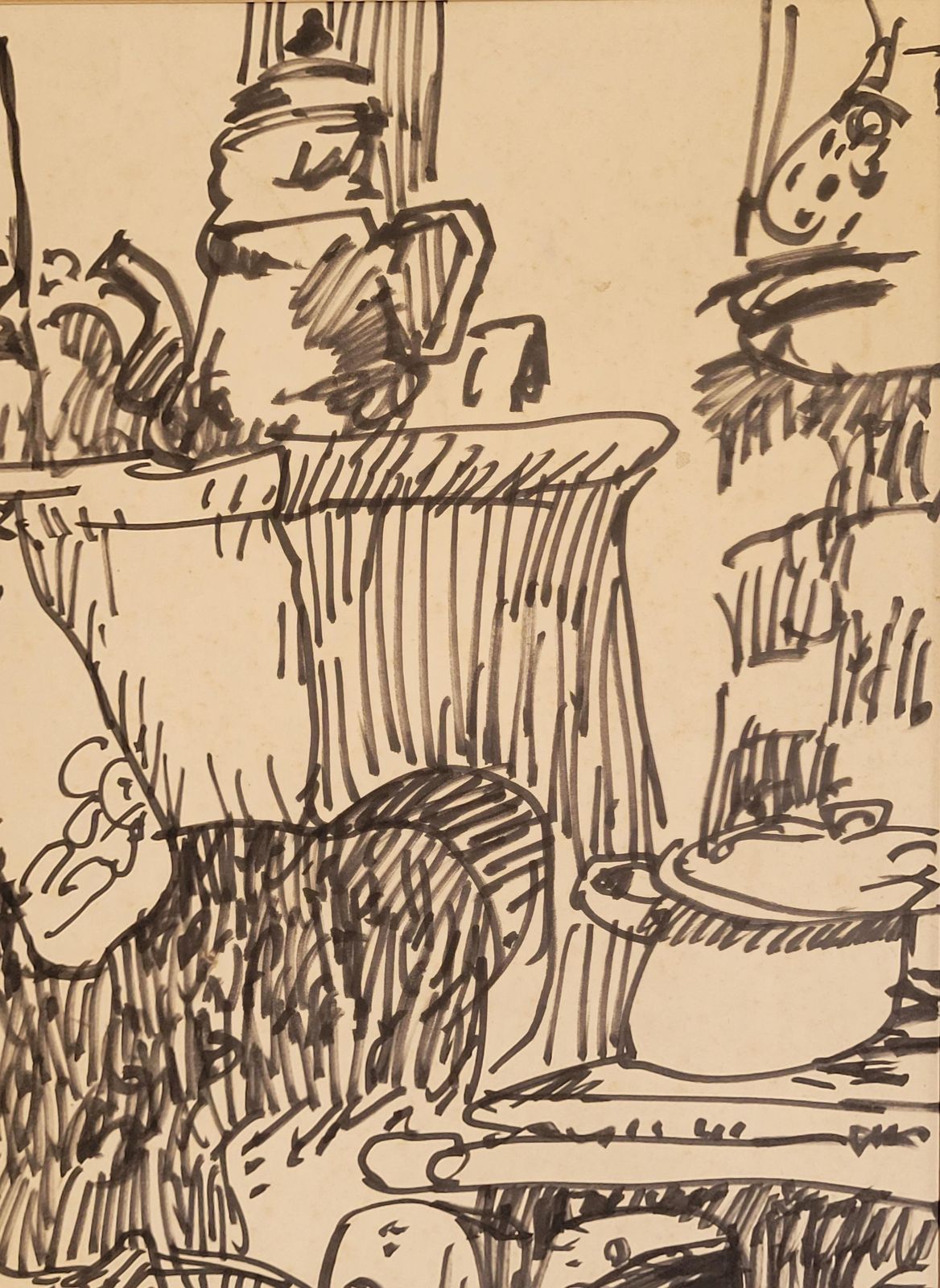 Jean Arènemid Century French Feutre On Paper. Tea Time In The Kitchen.1964 photo vinterior