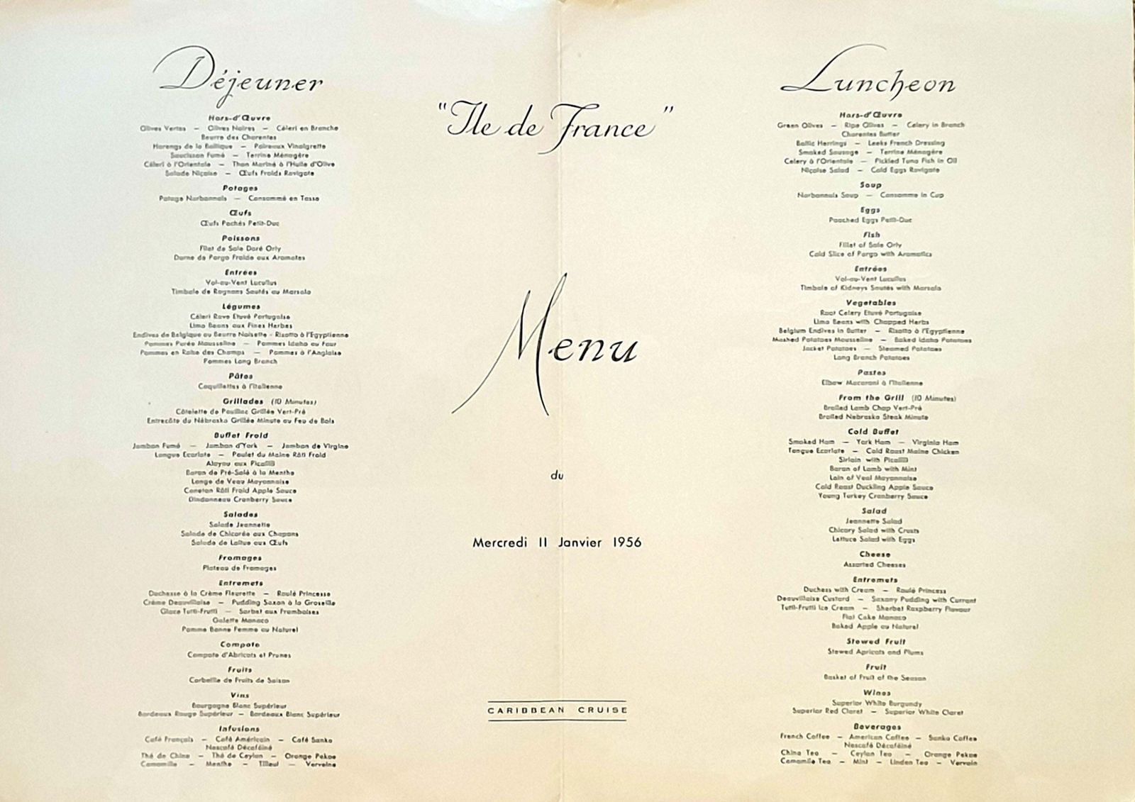 photo vinterior Jean Mercier, Mid Century Original Printed Menu, Transatlantic French Line, 'Ile De France' From 1956