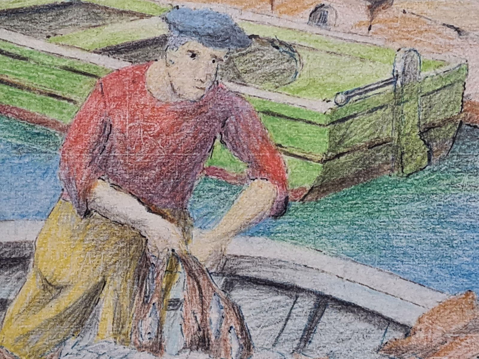 Unknownmid Century French Drawing Of The Fishermen, Port Of Nice, South Of France.1970 photo Art