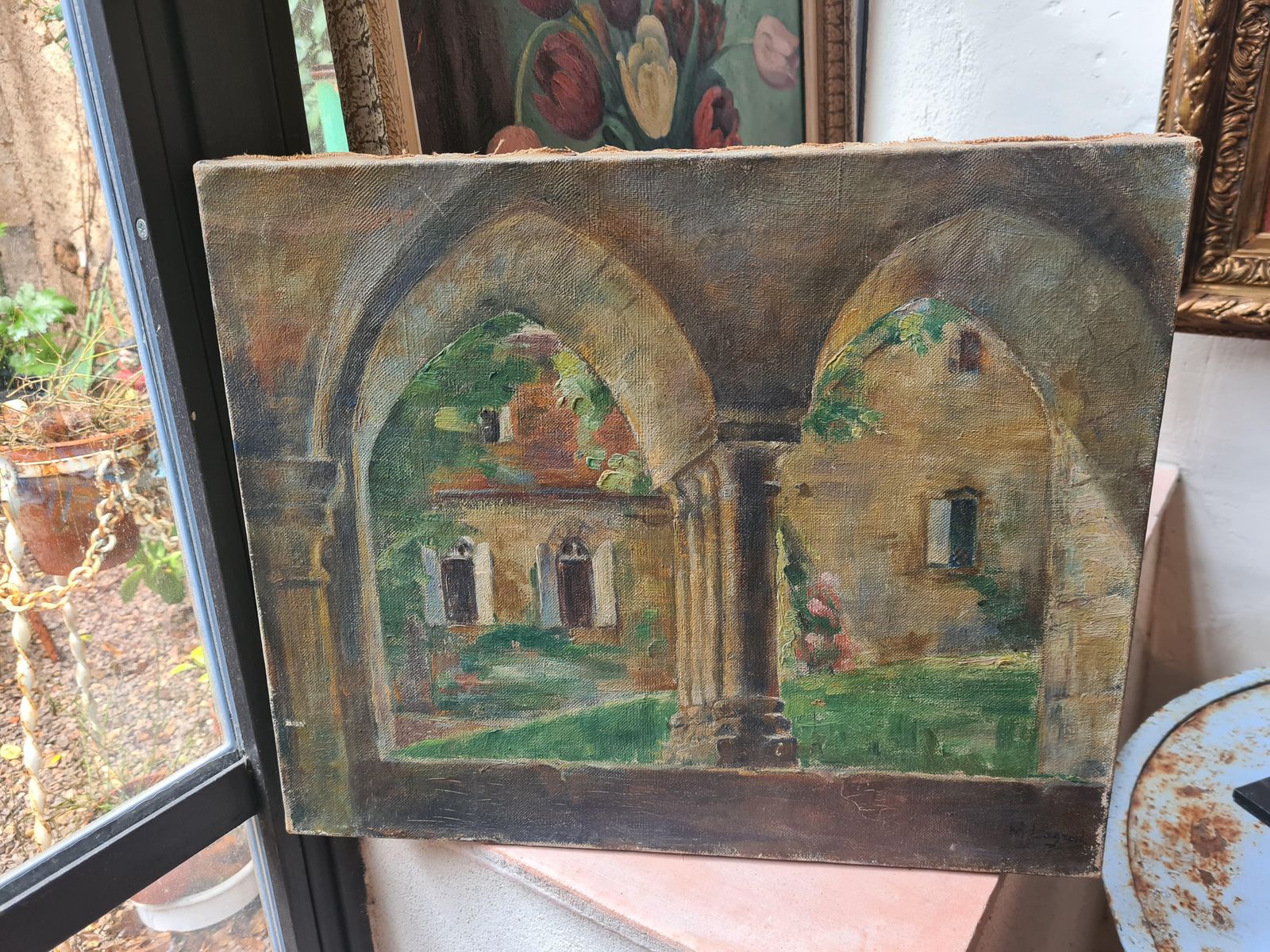 French Impressionist Oil On Canvas Painting, In A Monastery Garden, 1900s By M Lagrosk photo for sale