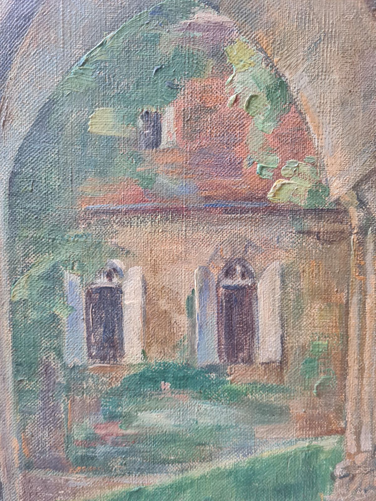 French Impressionist Oil On Canvas Painting, In A Monastery Garden, 1900s By M Lagrosk photo Art