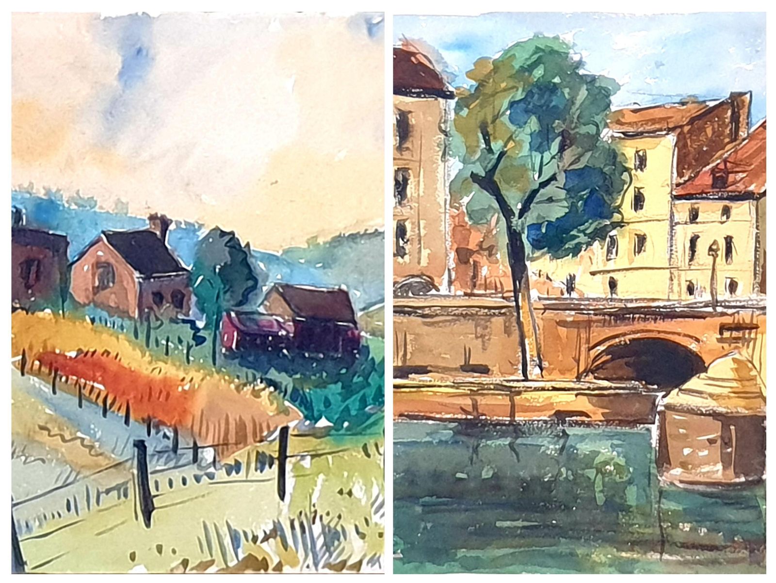Mid Century Watercolours Double Sided On Paper, Village Landscape Or Canal View From 1951 By André Pierard
