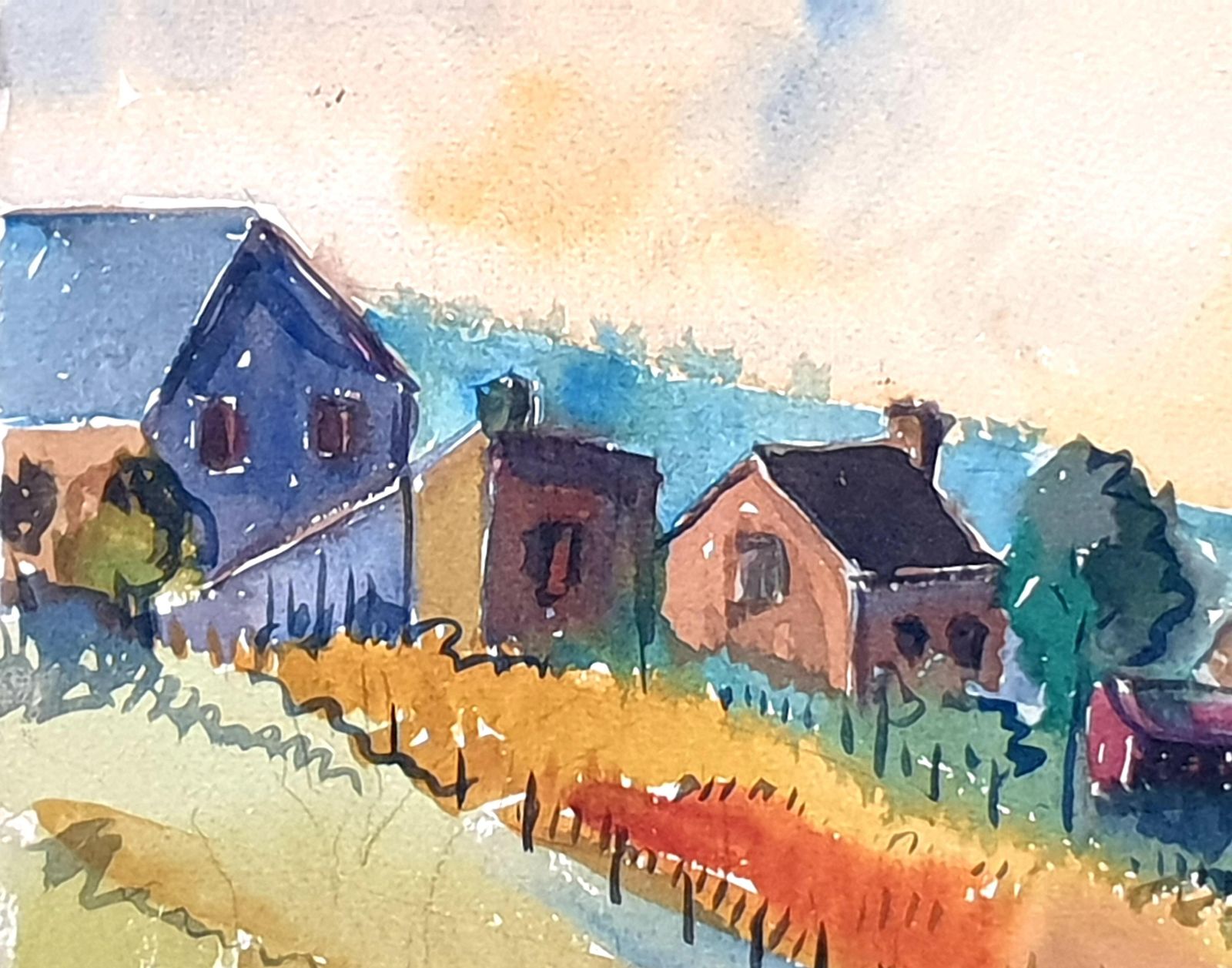 Mid Century Watercolours Double Sided On Paper, Village Landscape Or Canal View From 1951 By André Pierard photo for sale