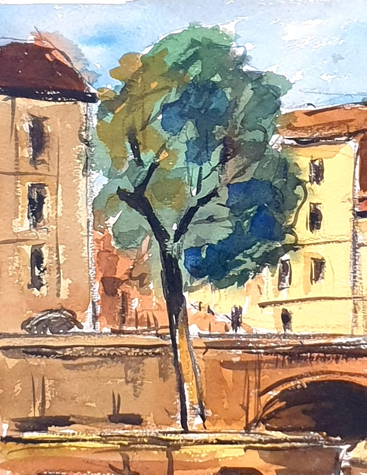 photo vinterior Mid Century Watercolours Double Sided On Paper, Village Landscape Or Canal View From 1951 By André Pierard