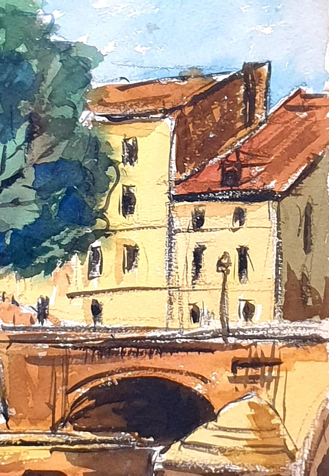photo buy Mid Century Watercolours Double Sided On Paper, Village Landscape Or Canal View From 1951 By André Pierard