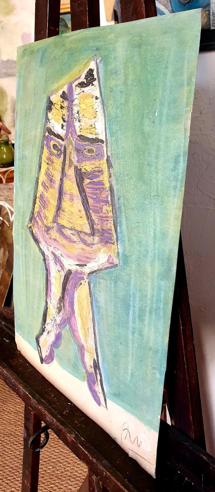 photo vinterior Abstract Expressionist Cobra Style Fantastical Figure. Acrylic On Card By A Nuchy