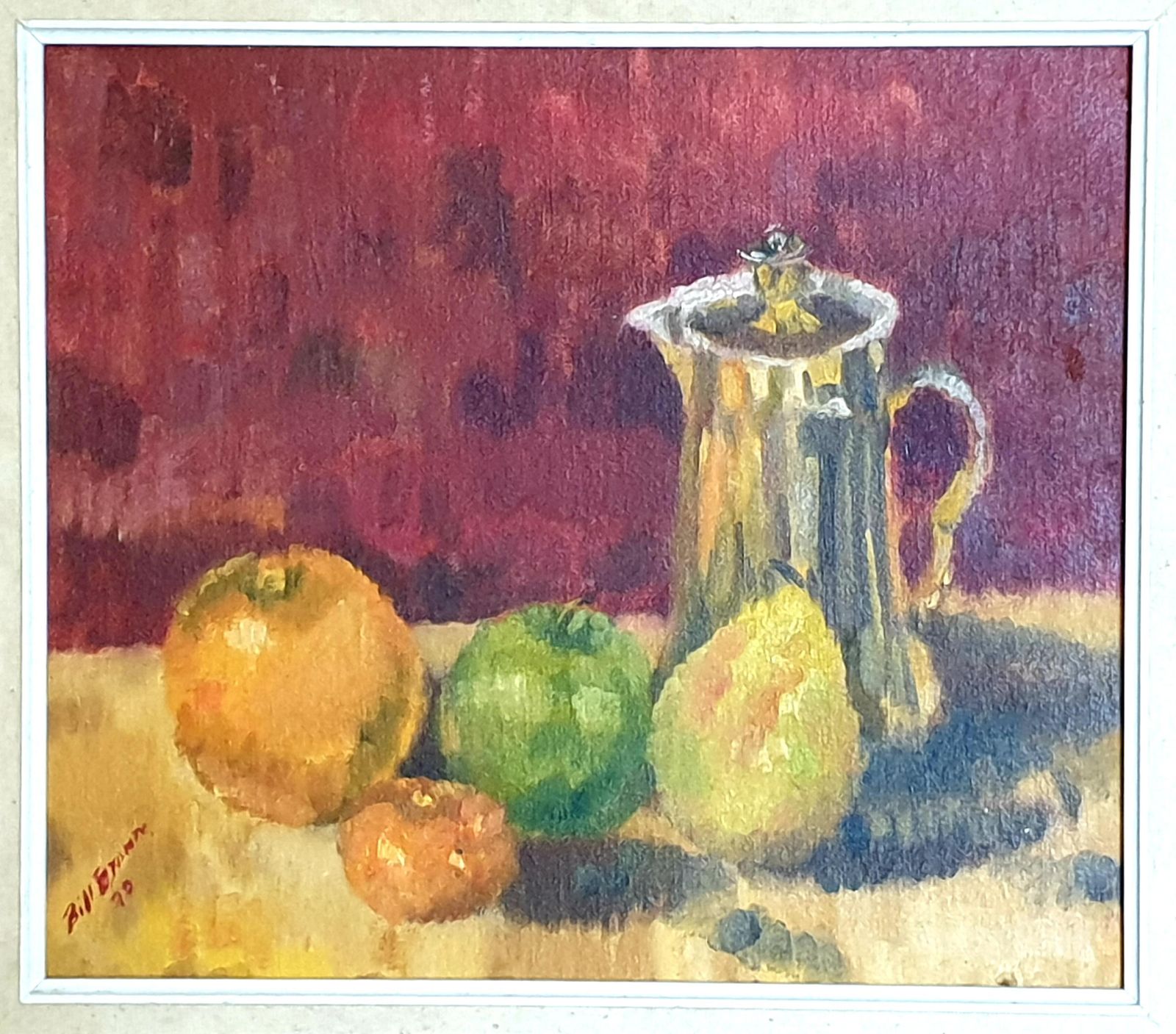 Colourful French Still Life, Fruit And Coffee Pot. Oil On Board From 1979 By Bill Brown