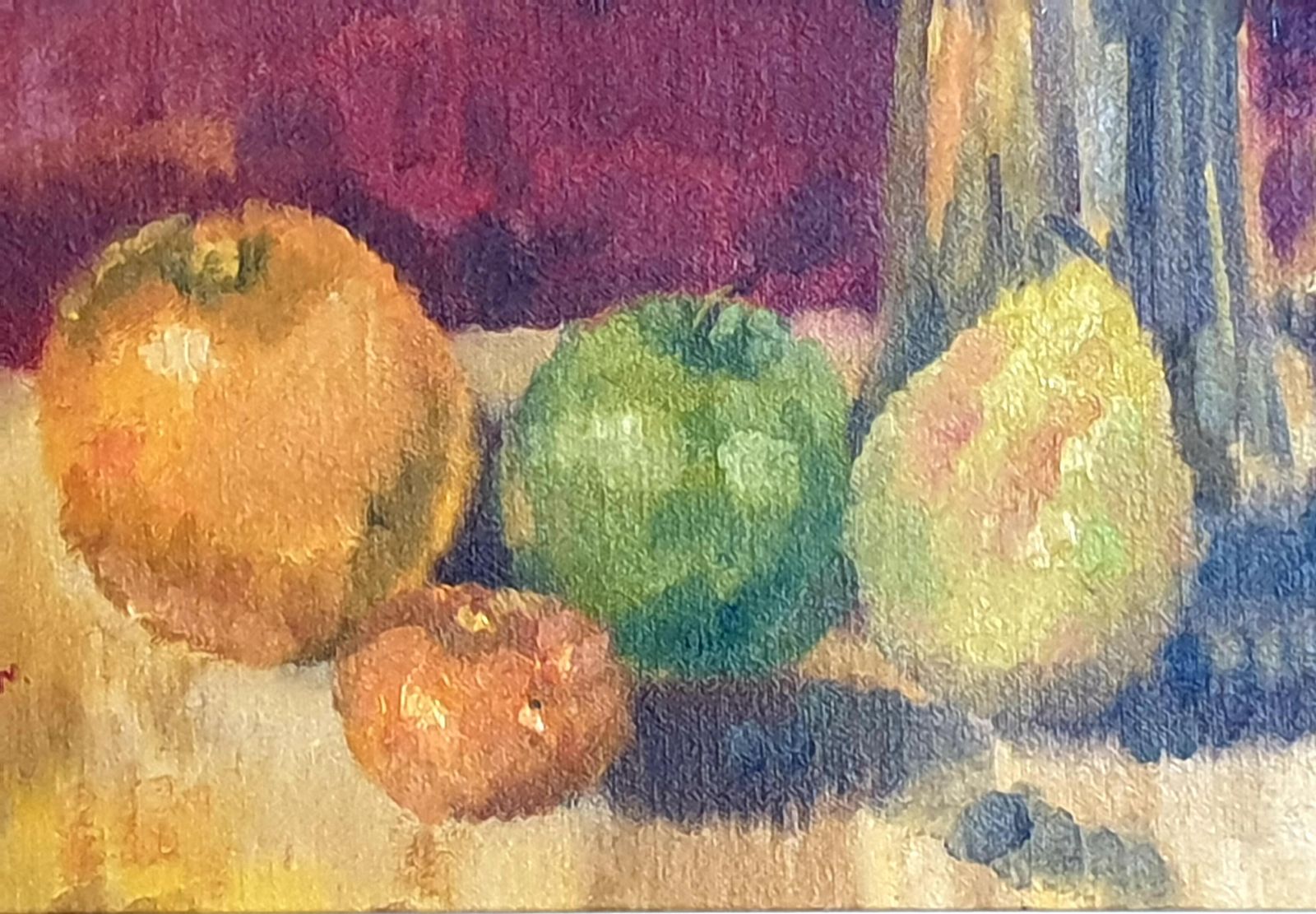 Colourful French Still Life, Fruit And Coffee Pot. Oil On Board From 1979 By Bill Brown photo vinterior