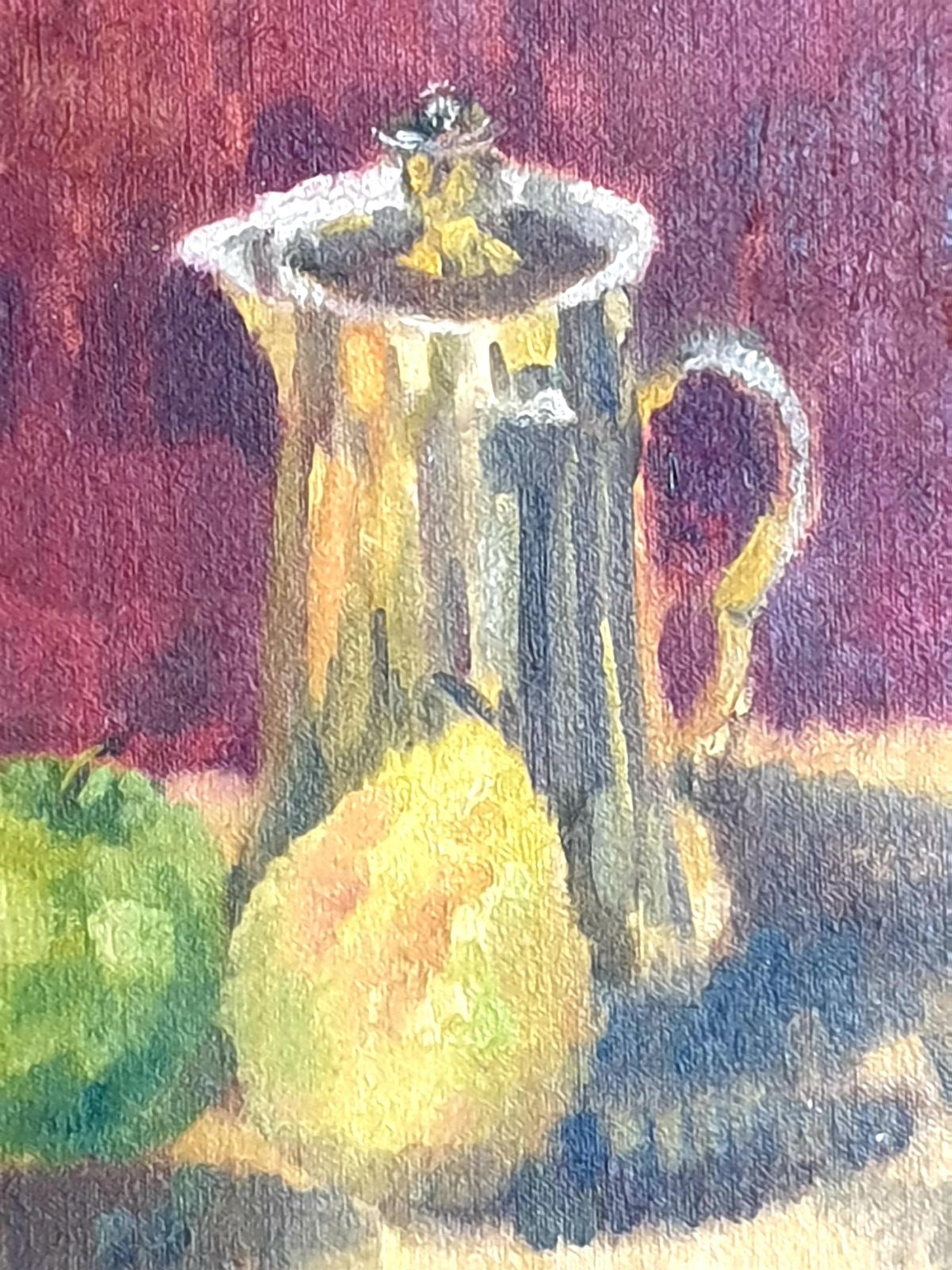 Colourful French Still Life, Fruit And Coffee Pot. Oil On Board From 1979 By Bill Brown photo vintage