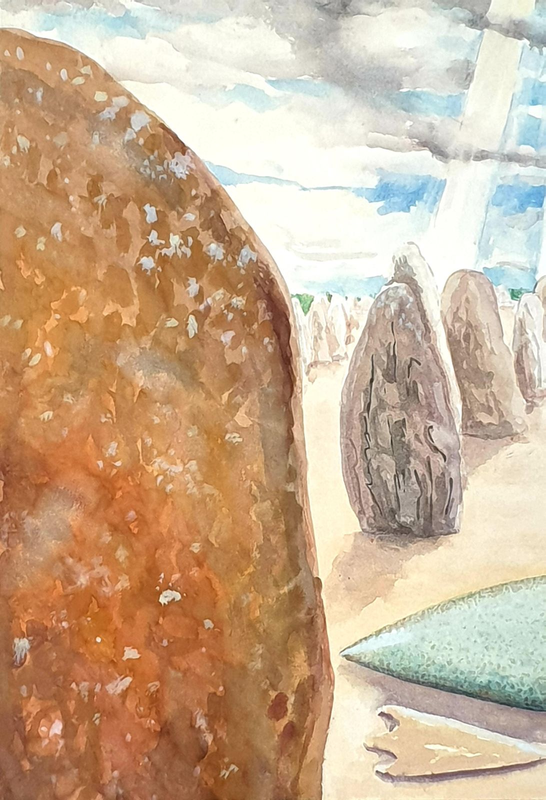 Derek Carruthers Late 20th Century Surrealist Gouache On Paper. 'Stones'.1985 photo for sale