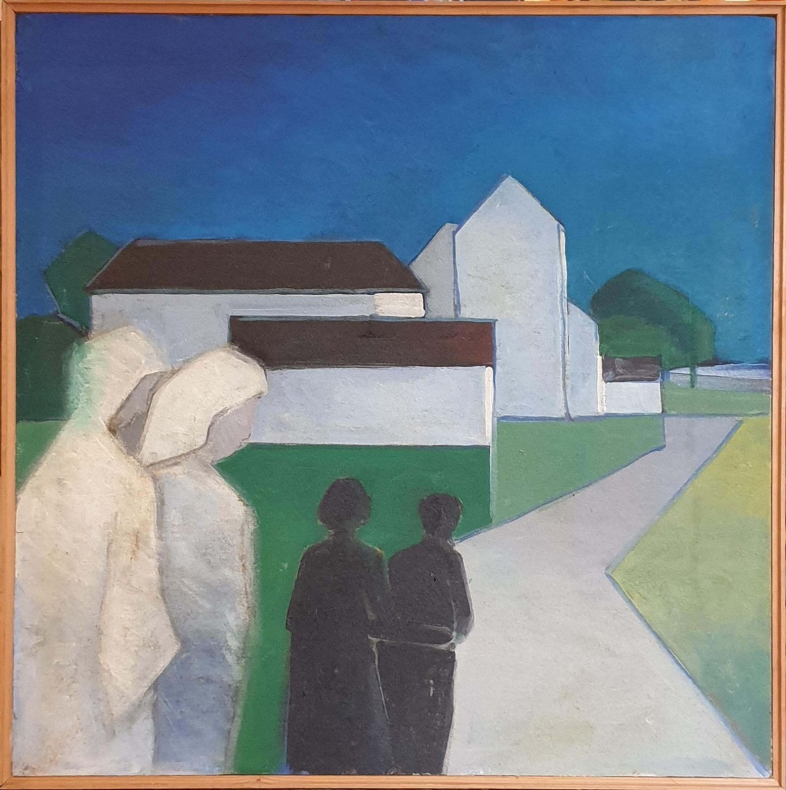 Poul Møller, Danish Mid Century Colourfield Oil On Board Of Houses And People In A Landscape. (1977)