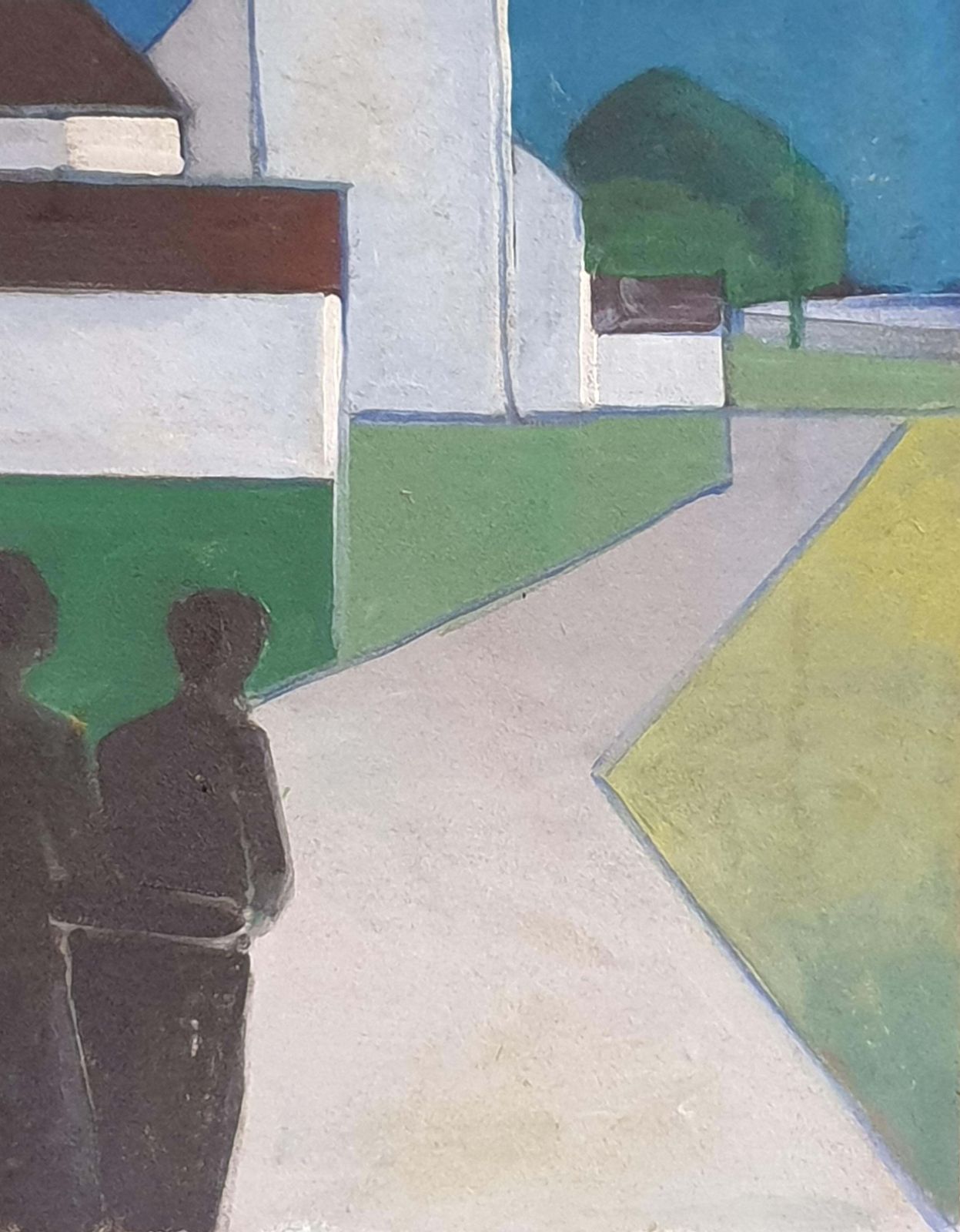 Poul Møller, Danish Mid Century Colourfield Oil On Board Of Houses And People In A Landscape. (1977) photo buy