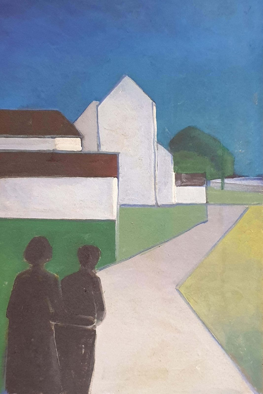 photo furniture Poul Møller, Danish Mid Century Colourfield Oil On Board Of Houses And People In A Landscape. (1977)