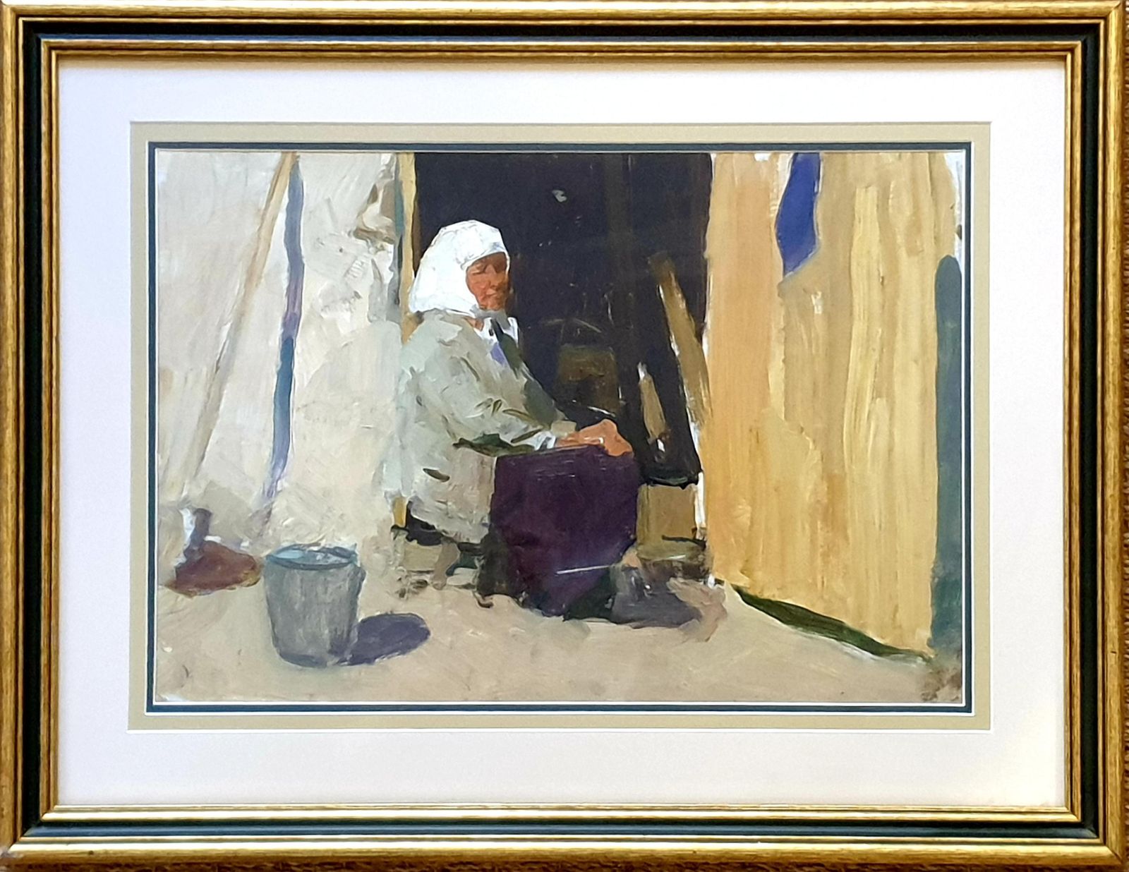 Realist Portrait, Mid Century Oil On Card, The Babushka. Oil. (1963) photo furniture