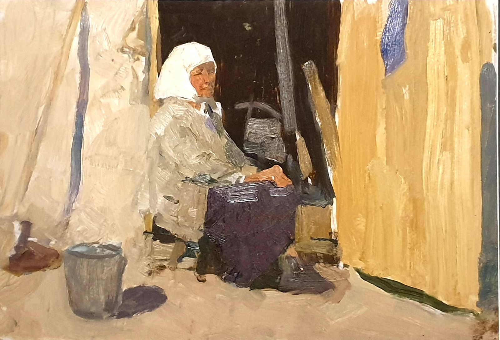 Realist Portrait, Mid Century Oil On Card, The Babushka. Oil. (1963) photo for sale