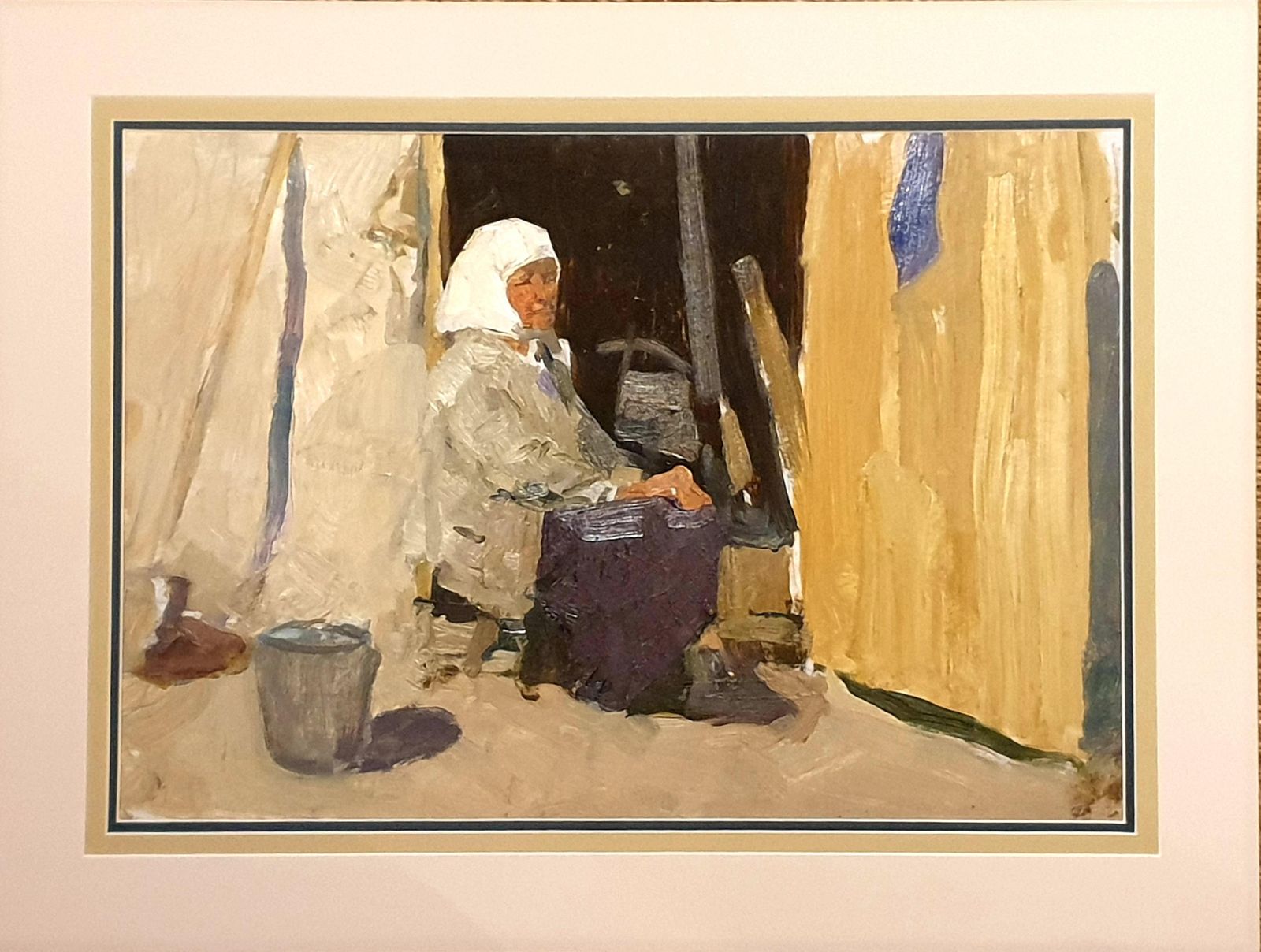 Realist Portrait, Mid Century Oil On Card, The Babushka. Oil. (1963) photo Art