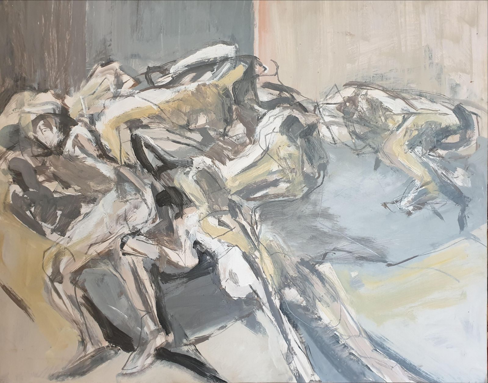 Chantal Payet, 'Assemblées', Figures In Motion, Oil On Paper On Board. (1996)