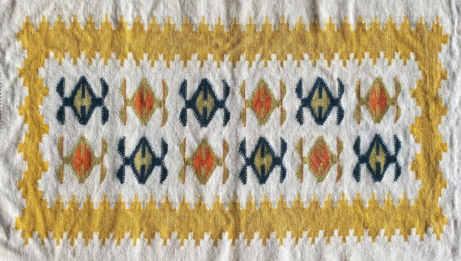 Handmade Yellow And Cream White Flat Weave Tapestry, Vlasti, Greece, 1960 70s photo vintage
