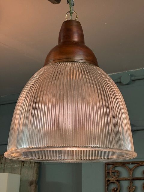 A Set Of Three Holophane Glass And Copper Pendant Lamps From The British Aerospace Factory (1940s) 