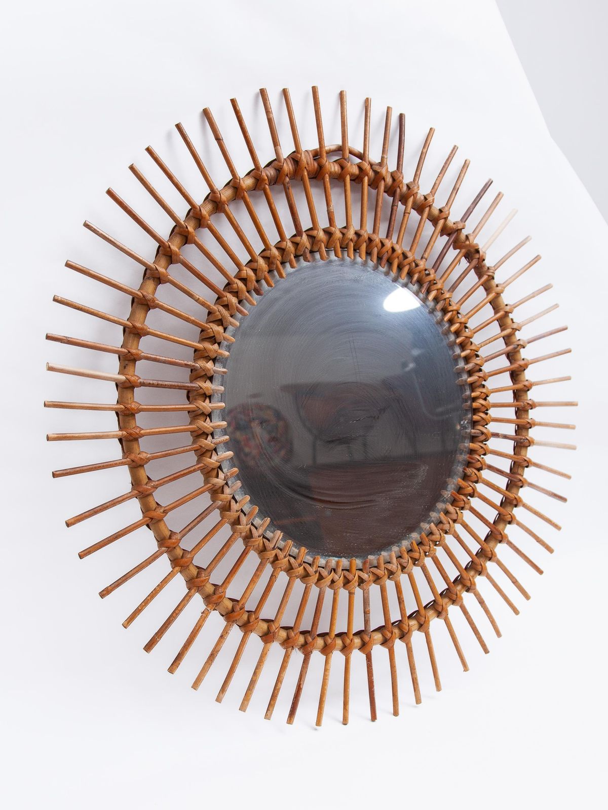 Round Sun Burst 1950s Bamboo Wall Mirror, France photo vintage