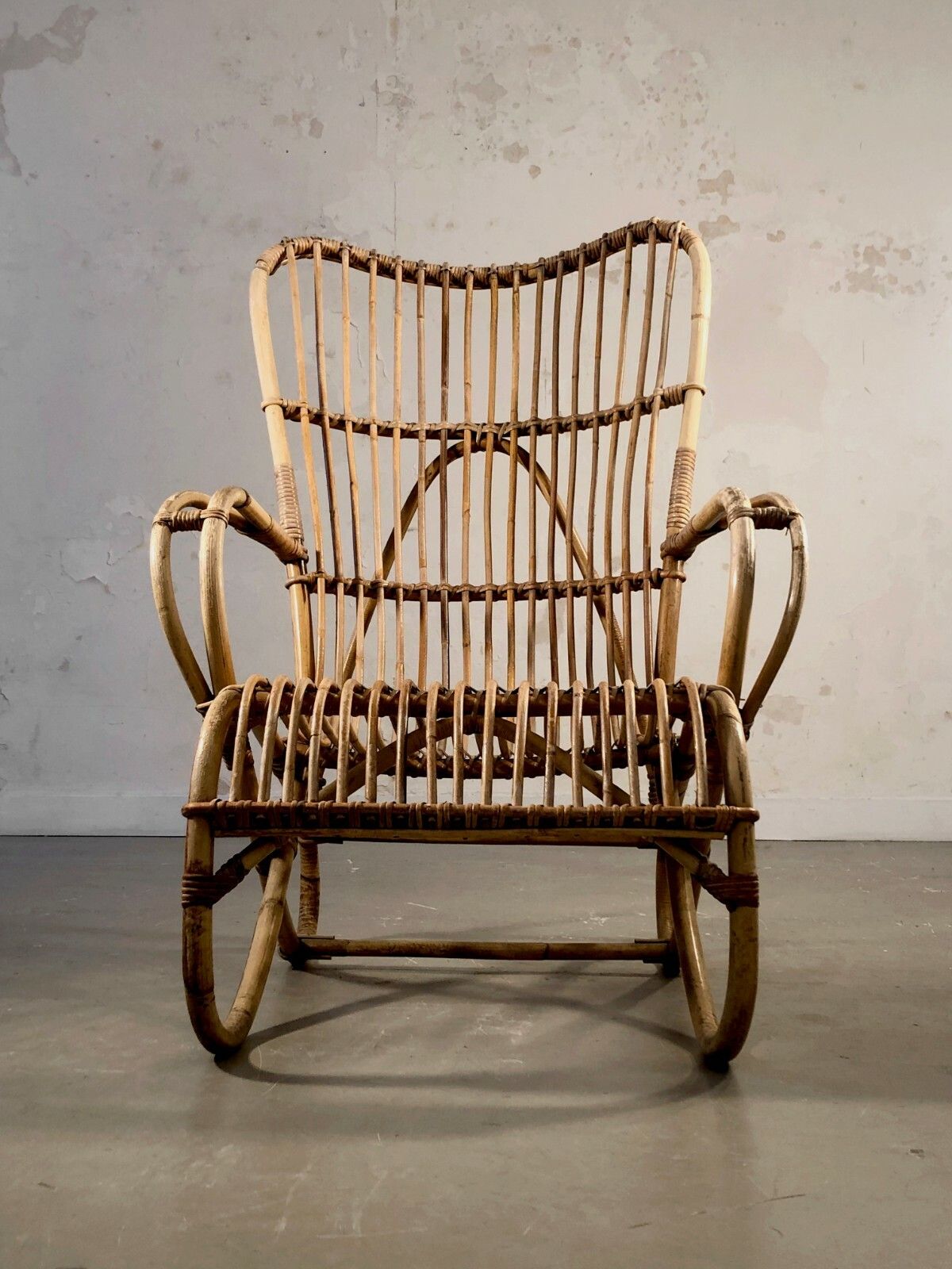 Furniture 1950 Modernist Armchair Brutalist Shabby Chic Bamboo Rattan Sognot Audoux Minnet photo