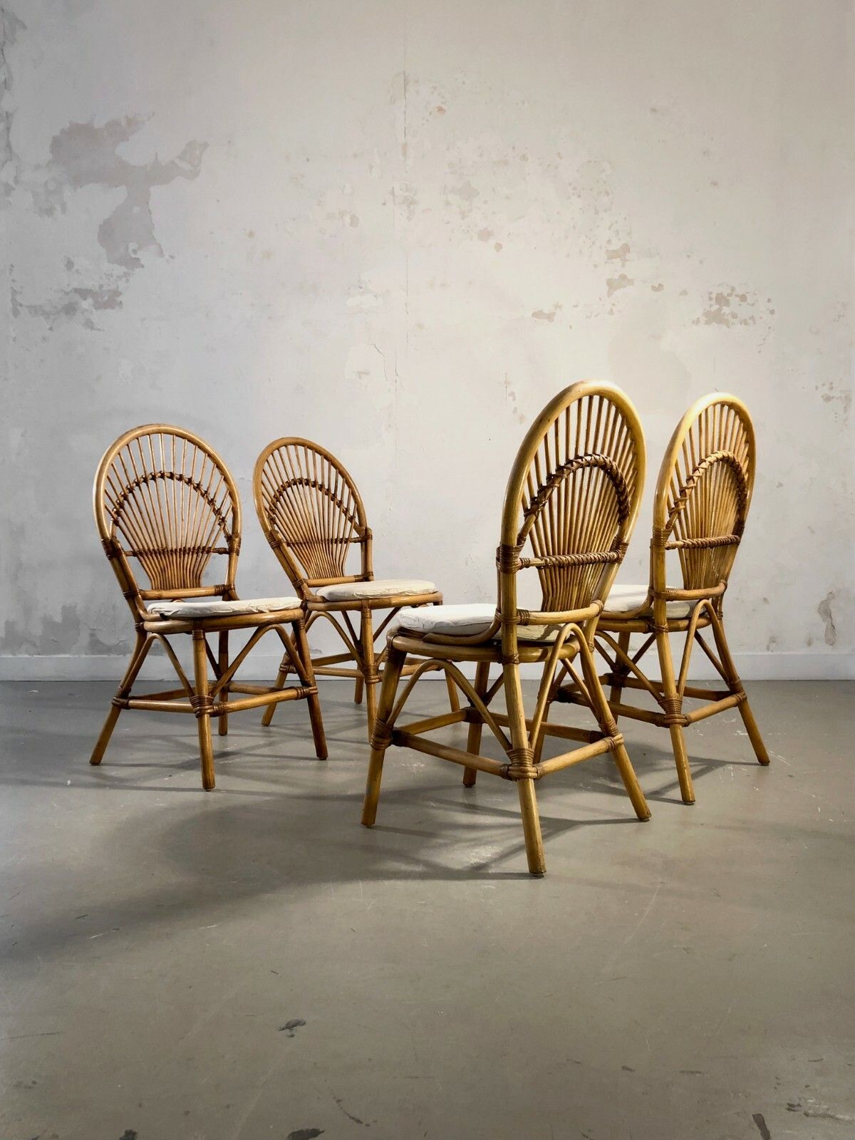 1960 1970 4 Bamboo Chairs Folk Art Modernist Shabby Chic Audoux Minnet