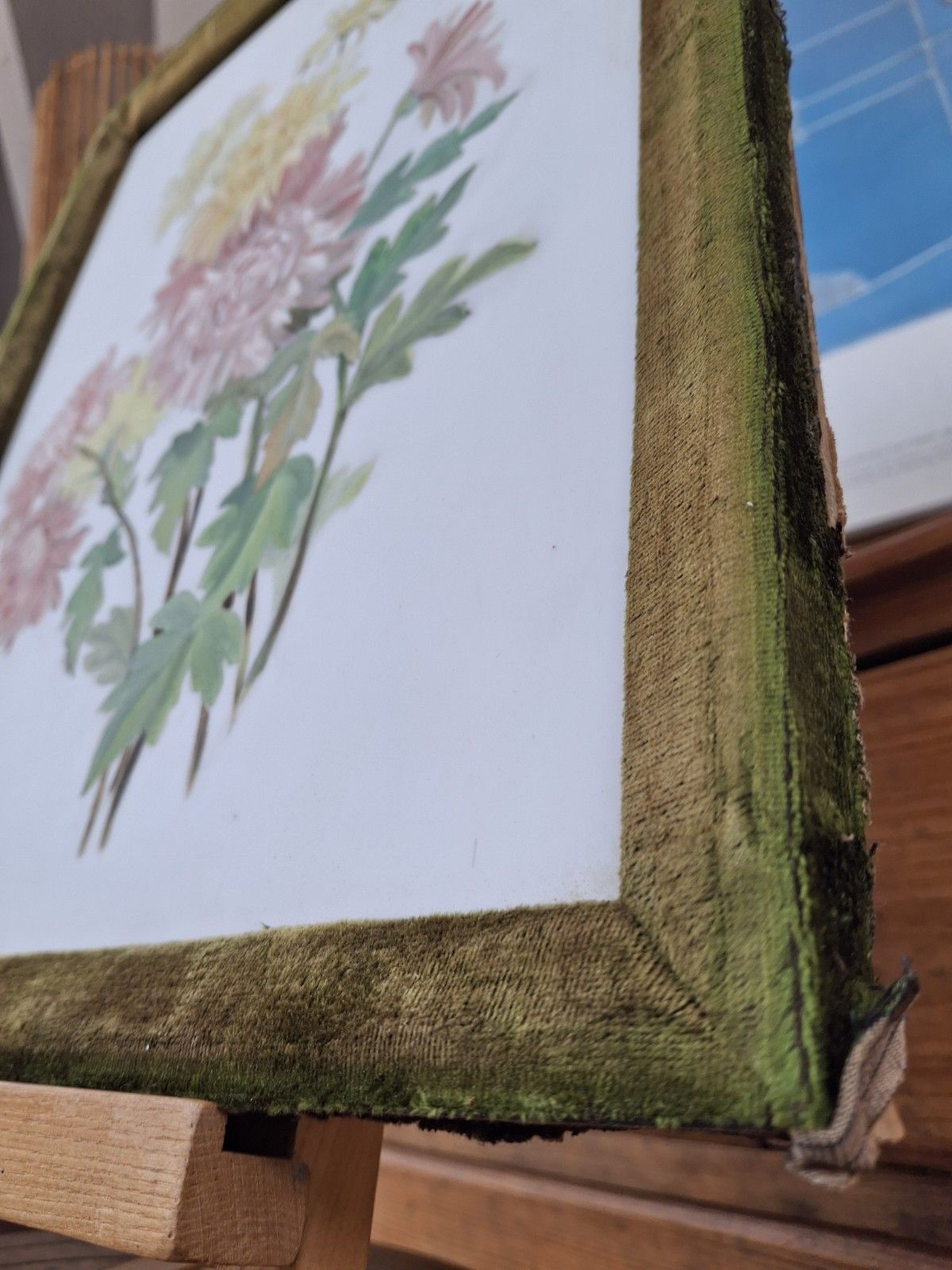 Victorian Velvet Framed Still Life Painting On Milk Glass. photo Art