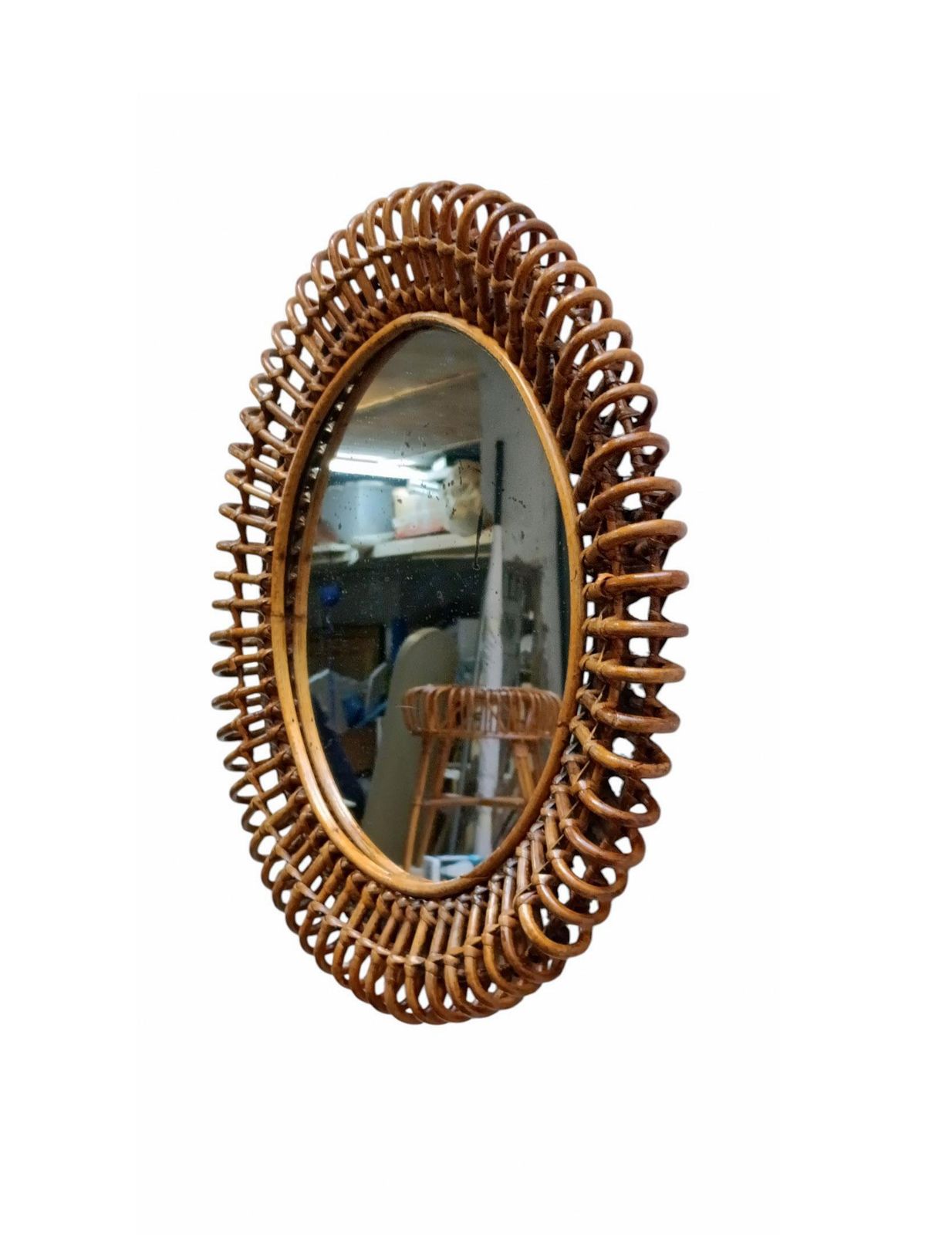 Franco Albini Attr. Rattan And Wicker Round Wall Mirror, Italy 1960s photo furniture